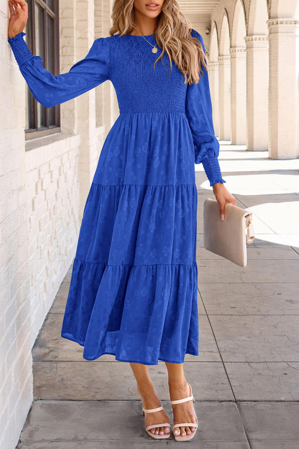 PRETTYGARDEN Women's Fall Spring Midi Dress Long Sleeve Floral Smocked Elegant Wedding Guest Long Flowy Dresses with Pockets