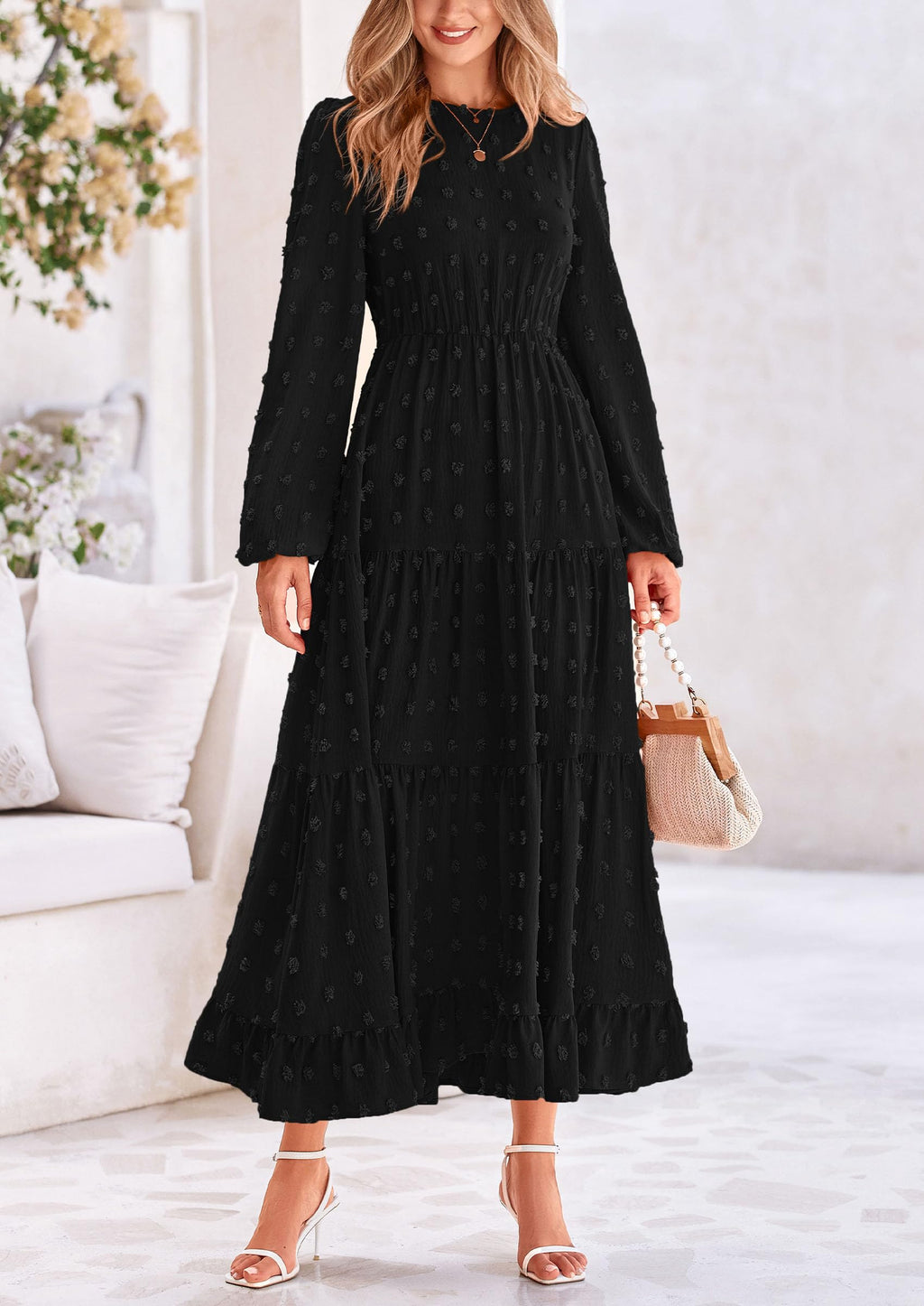 PRETTYGARDEN Women's Fall Spring Elegant Long Sleeve Maxi Dress Swiss Dot A Line Flowy Casual Holiday Party Going Out Dresses