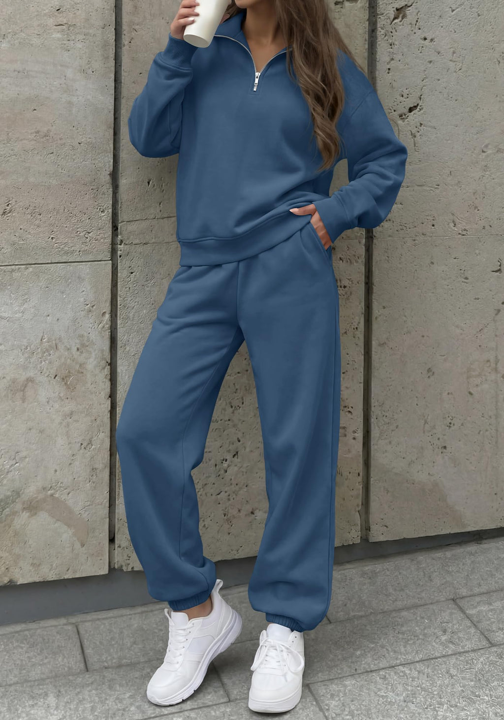 BTFBM Womens 2 Piece Outfits Sweatsuit Fleece Lounge Sets Quarter Zip Pullover Sweatshirt,Baggy Jogger Sweatpants,Fall Fashion Clothing,Airport Travel Matching Sweat Set