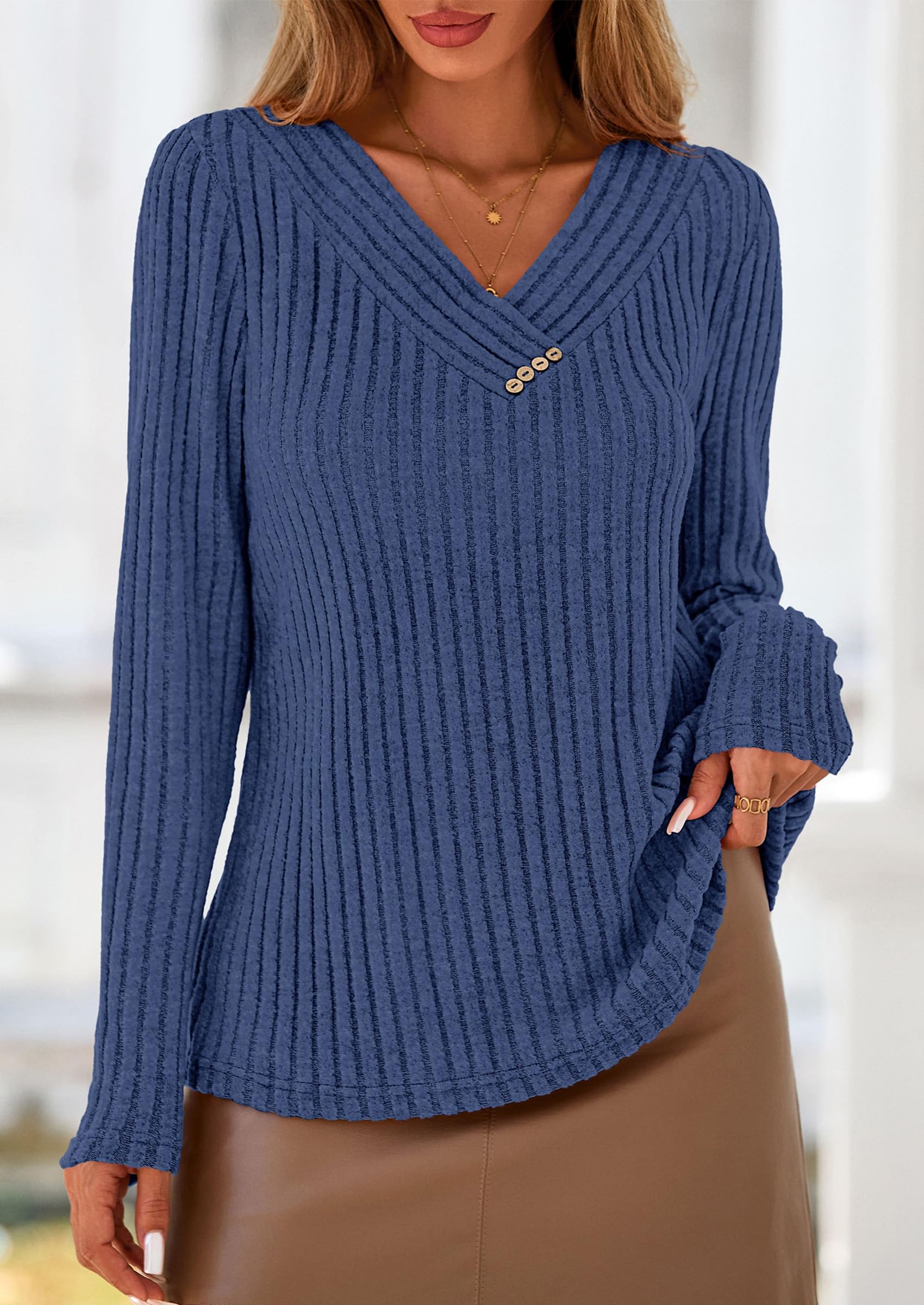 PRETTYGARDEN Women's Long Sleeve Shirts Fall Fashion Clothes Casual Ribbed V Neck Loose Tunic Tops Lightweight Sweaters