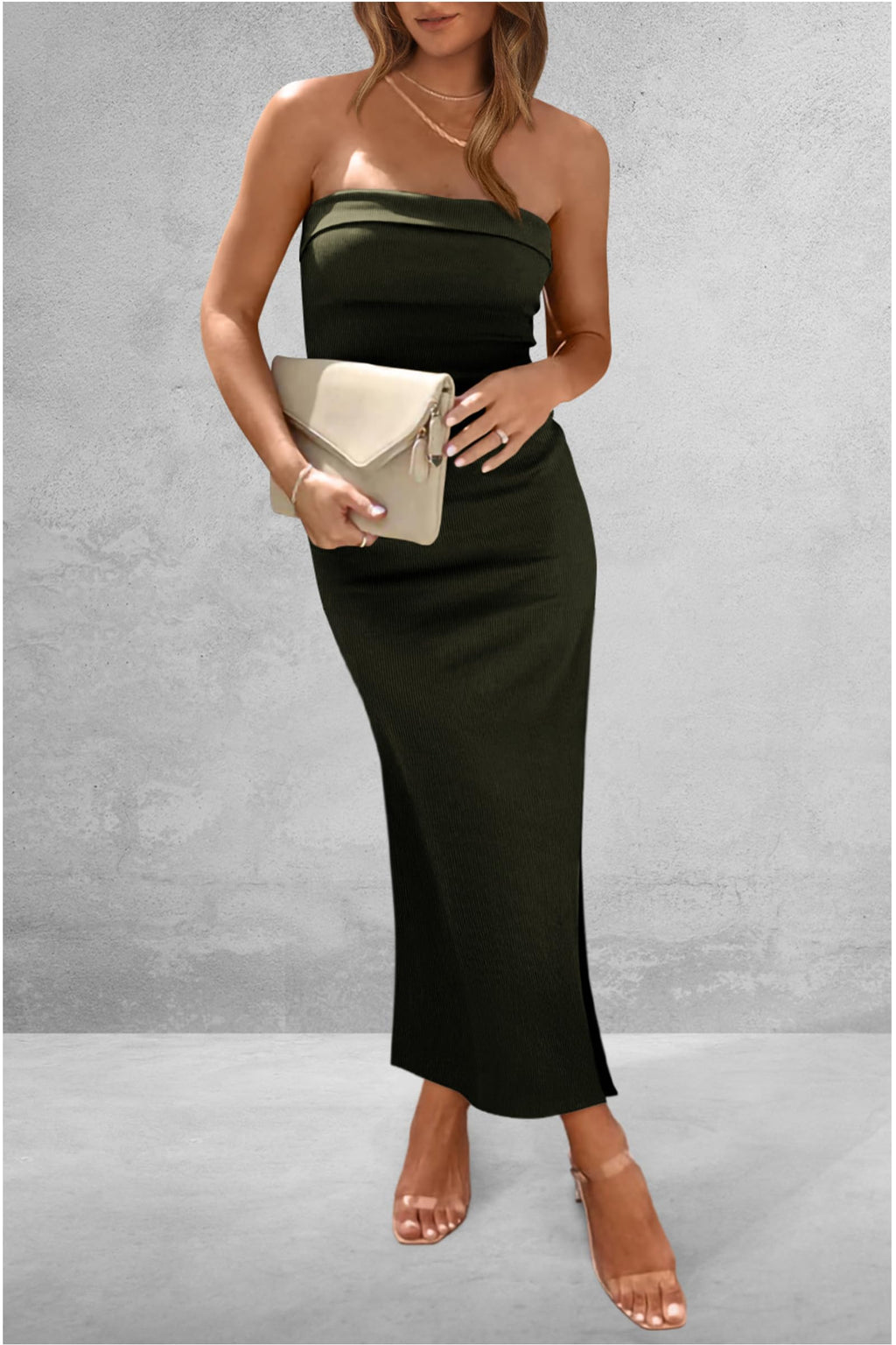 PRETTYGARDEN Women's Summer Bodycon Maxi Tube Dress Ribbed Strapless Side Slit Long Going Out Casual Elegant Party Dresses