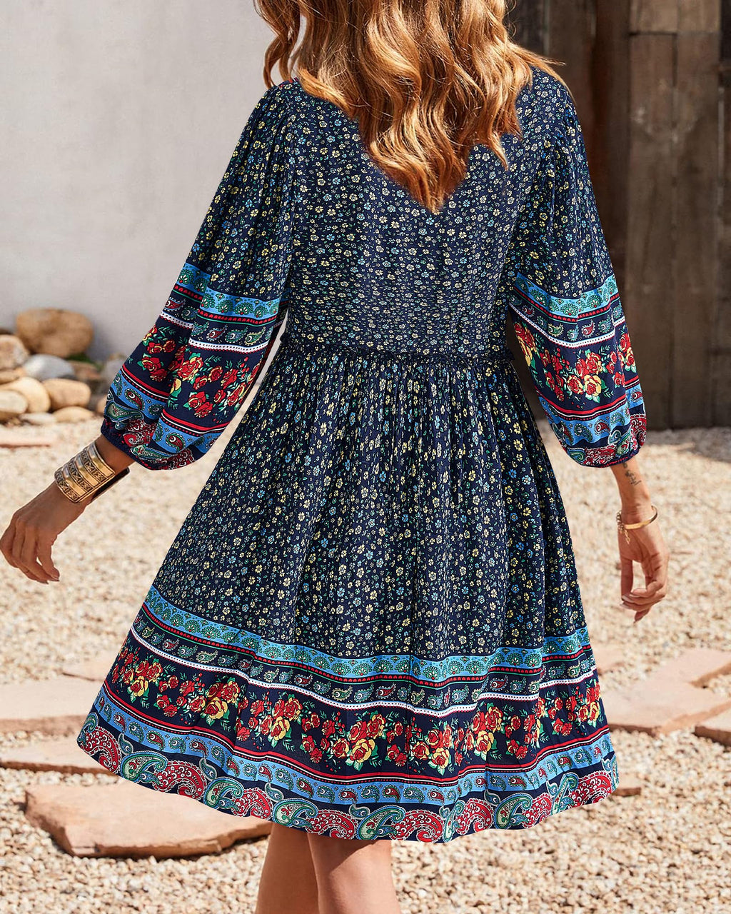 BTFBM Women Casual Spring Summer Dresses V Neck 3/4 Long Sleeve Ruffle Floral Flowy Boho Babydoll Mini Short Beach Dress