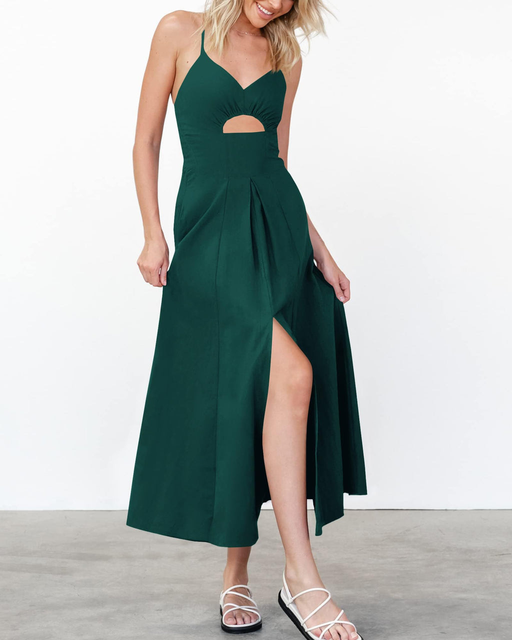 BTFBM Women Spaghetti Strap Midi Summer Dresses Sleeveless V Neck Cutout Slit Casual Beach Party Maxi Dress Pockets
