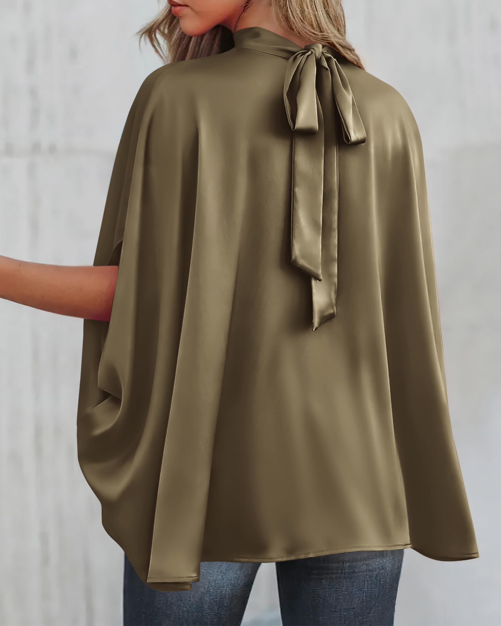 BTFBM Womens Summer Tops Mock Neck Batwing Sleeve Silk Satin Shirts Loose Oversized Dressy Casual Spring Blouses