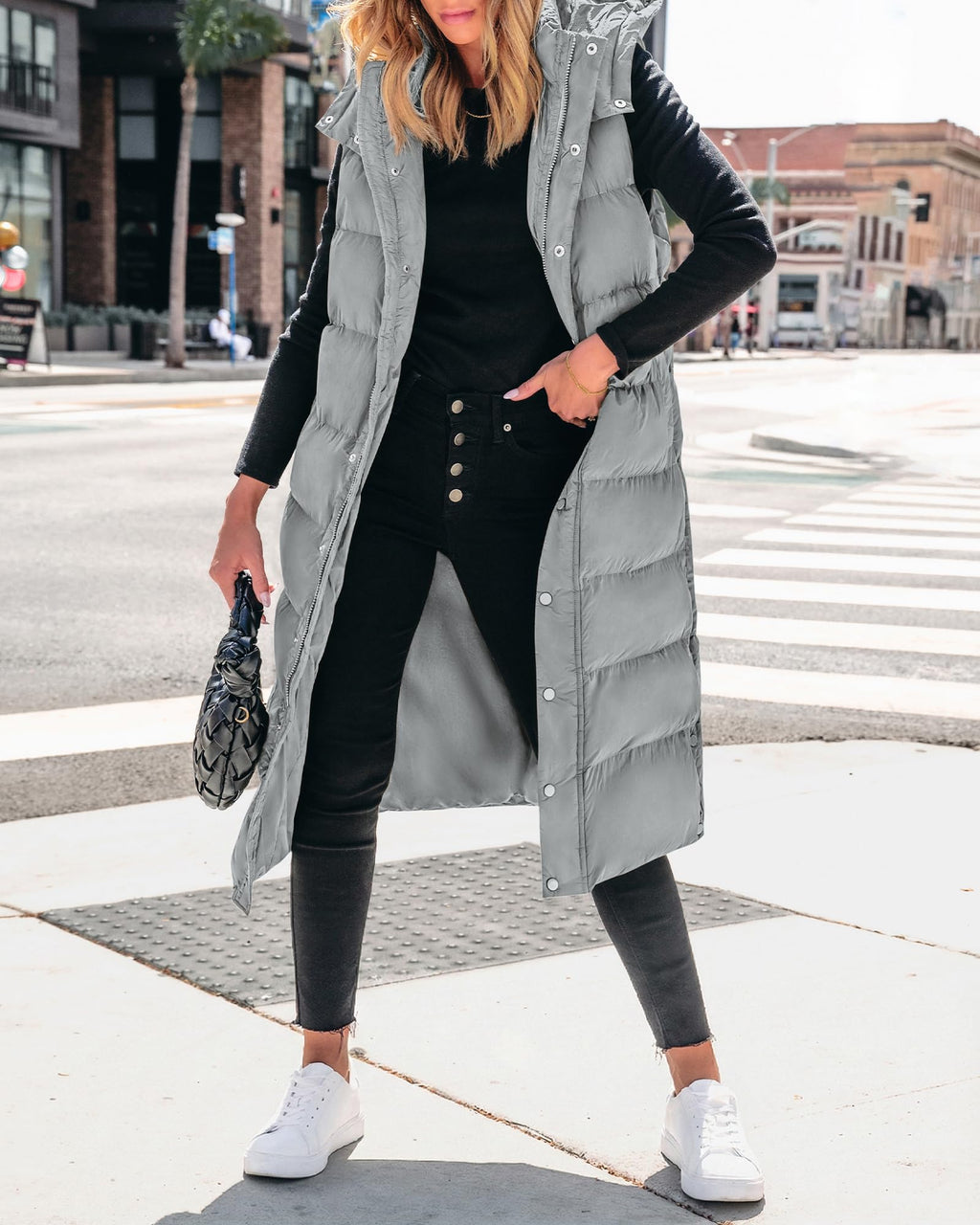 BTFBM Long Puffer Vest Women Quilted Hooded Button Down Zip Up Sleeveless Vests Outerwear Padded Jacket Fall Winter Coat