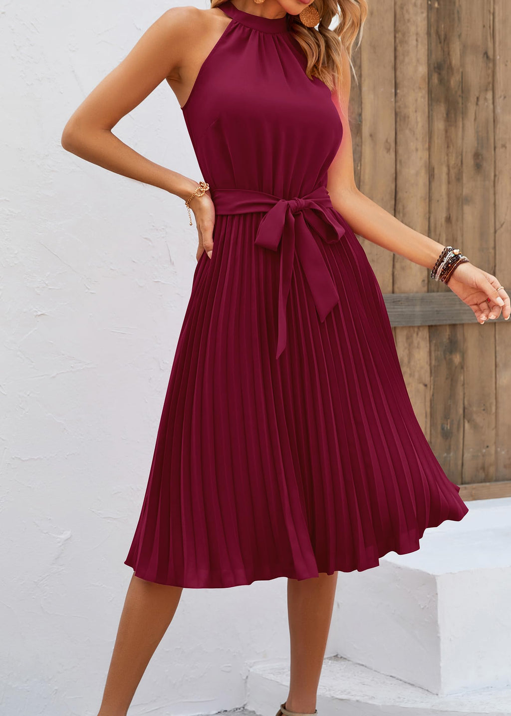 FreshPretty Women's Summer Sleeveless Halter Neck Pleated Midi Cocktail Dresses A Line Flowy Beach Sun Dress with Belt