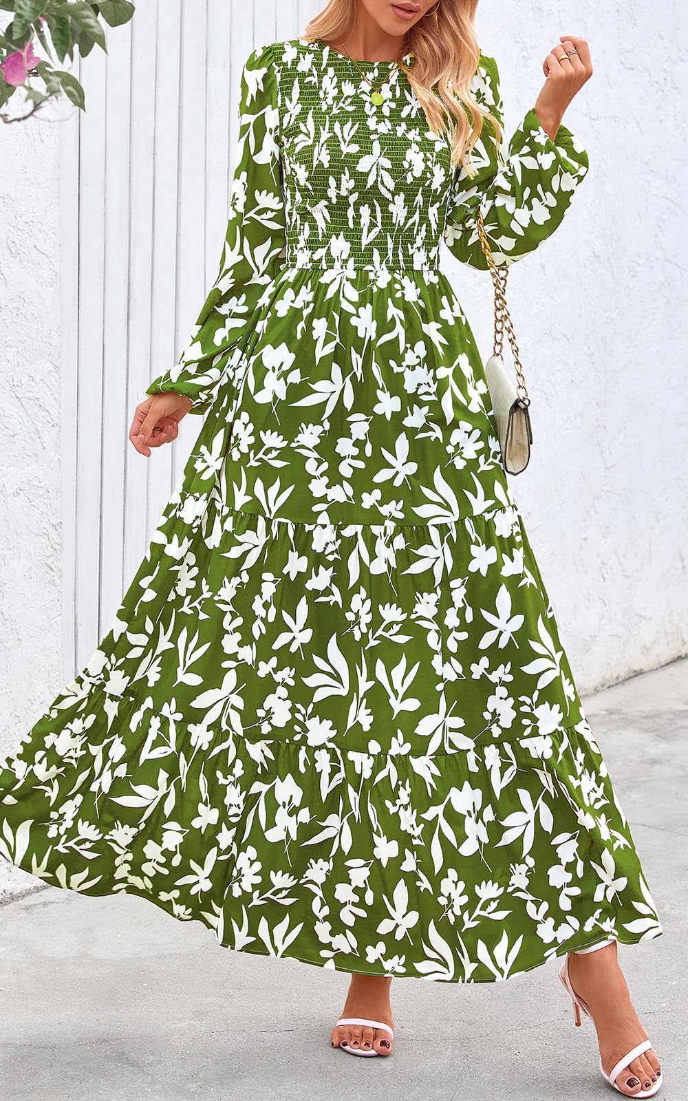 PRETTYGARDEN Women's Fall Dresses Long Sleeve Flowy Casual Floral Maxi Dress Crew Neck Smocked Tiered Long Dress