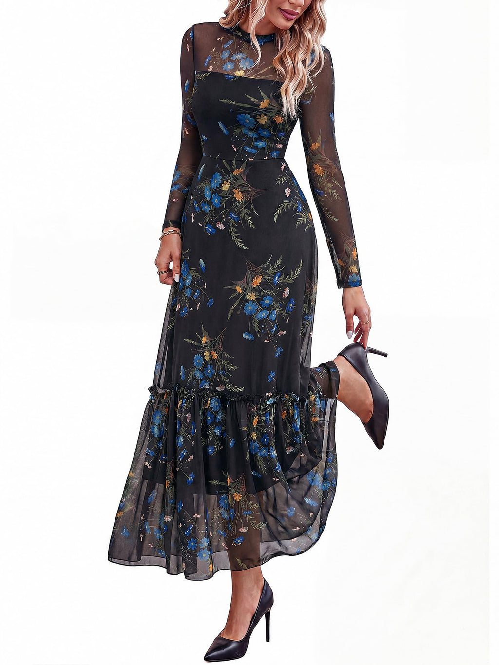 BTFBM Boho Mesh Long Sleeve Dress for Women | Mock Neck, Floral, A Line, Tiered, Graduation, Wedding, Cocktail Maxi Dresses, Fall Fashion, Resort Wear