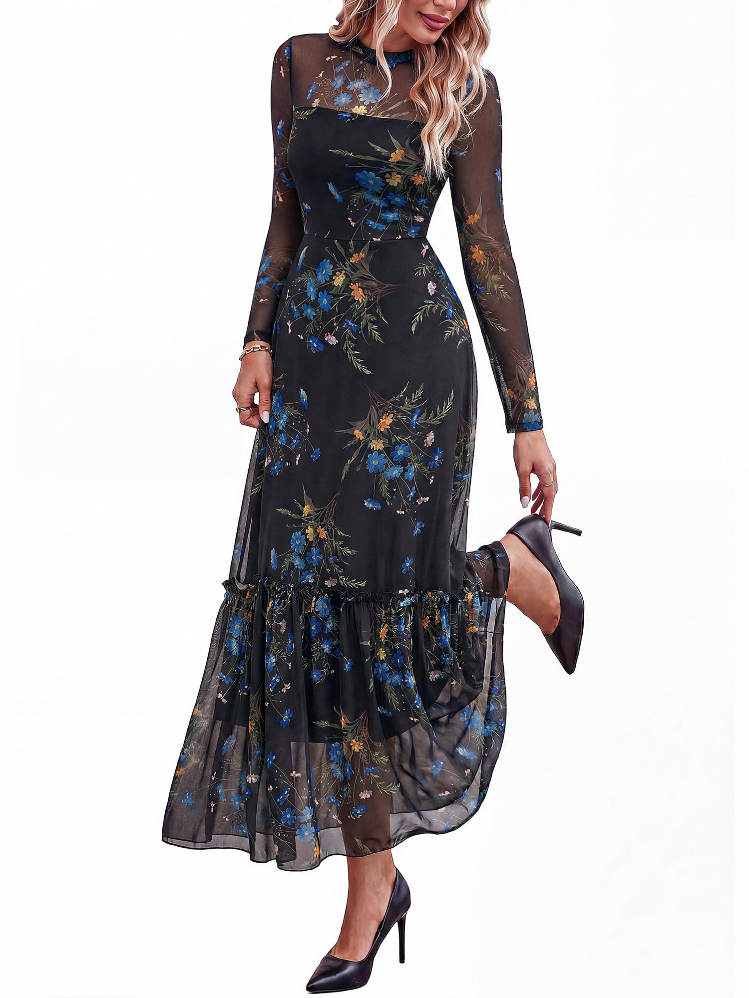 BTFBM Boho Mesh Long Sleeve Dress for Women | Mock Neck, Floral, A Line, Tiered, Graduation, Wedding, Cocktail Maxi Dresses, Fall Fashion, Resort Wear