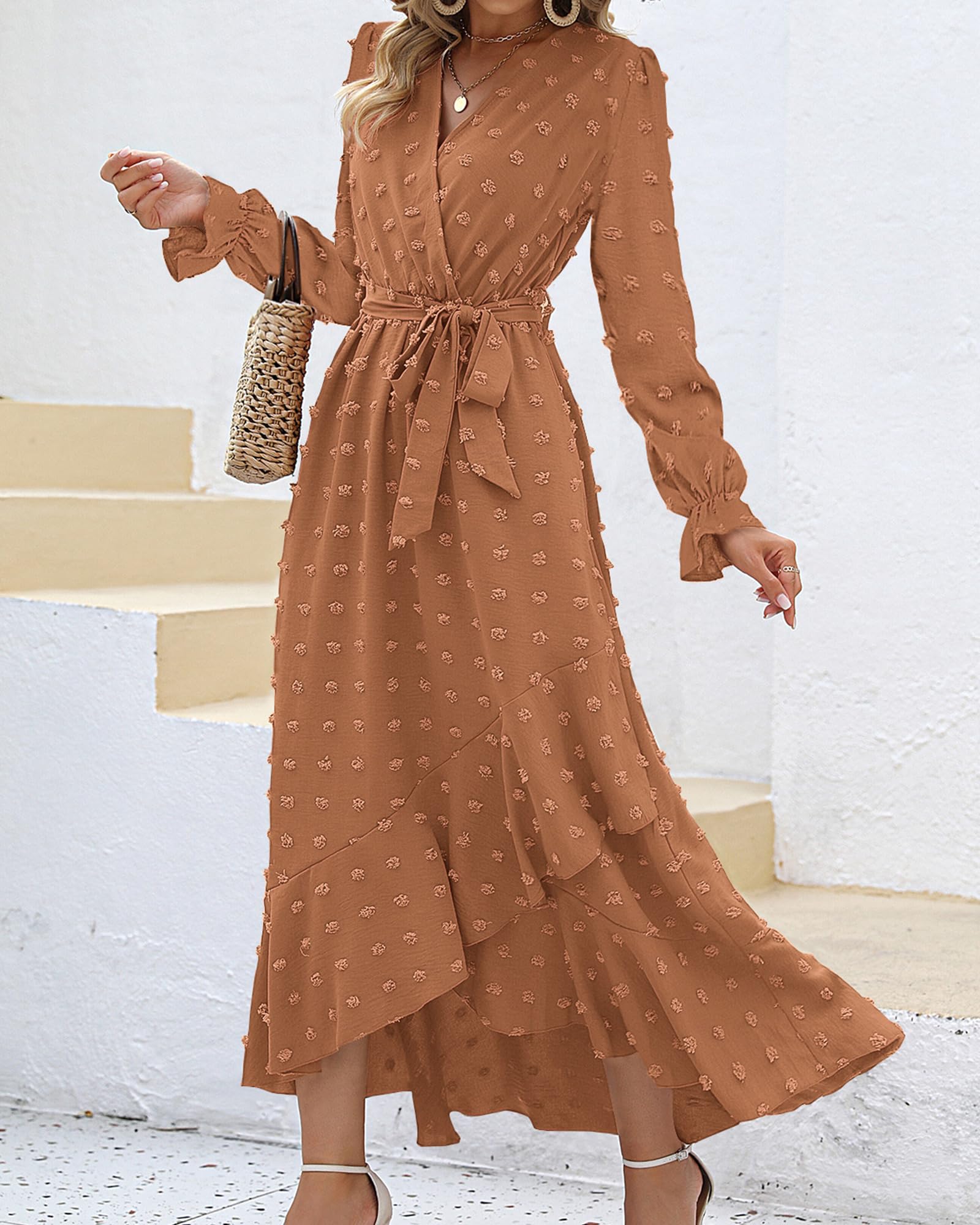 FreshPretty Long Sleeve Maxi Dresses for Women V Neck Swiss Dot Boho Flowy Slit Cocktail Wedding Guest Dress Fall Clothes