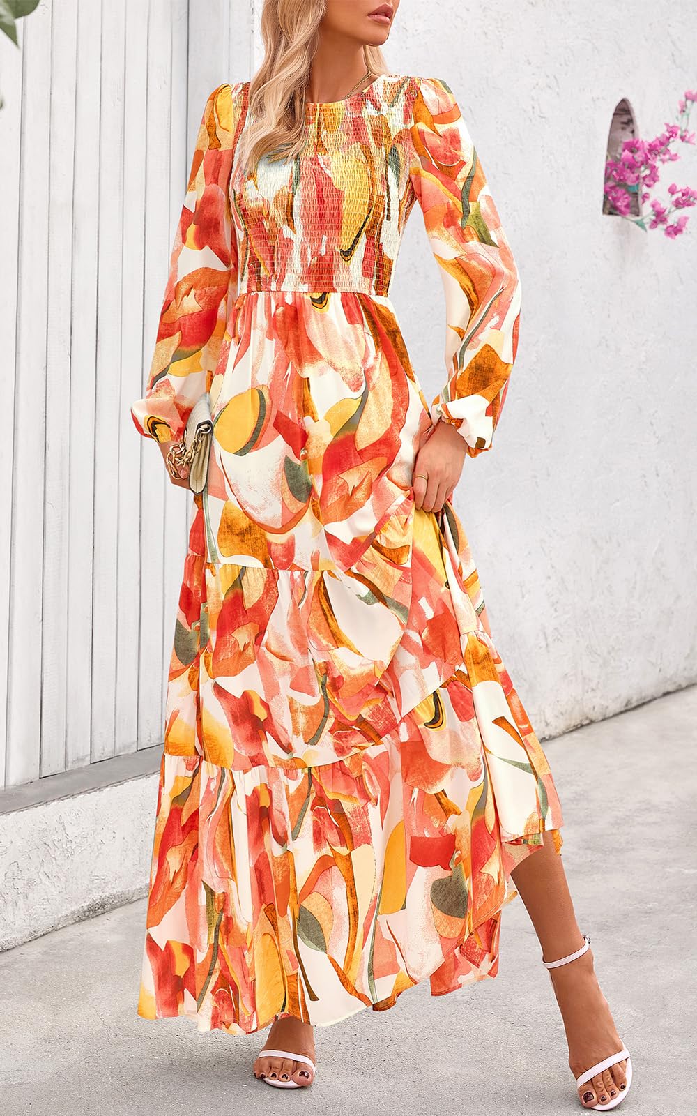 PRETTYGARDEN Women's Fall Dresses Long Sleeve Flowy Casual Floral Maxi Dress Crew Neck Smocked Tiered Long Dress