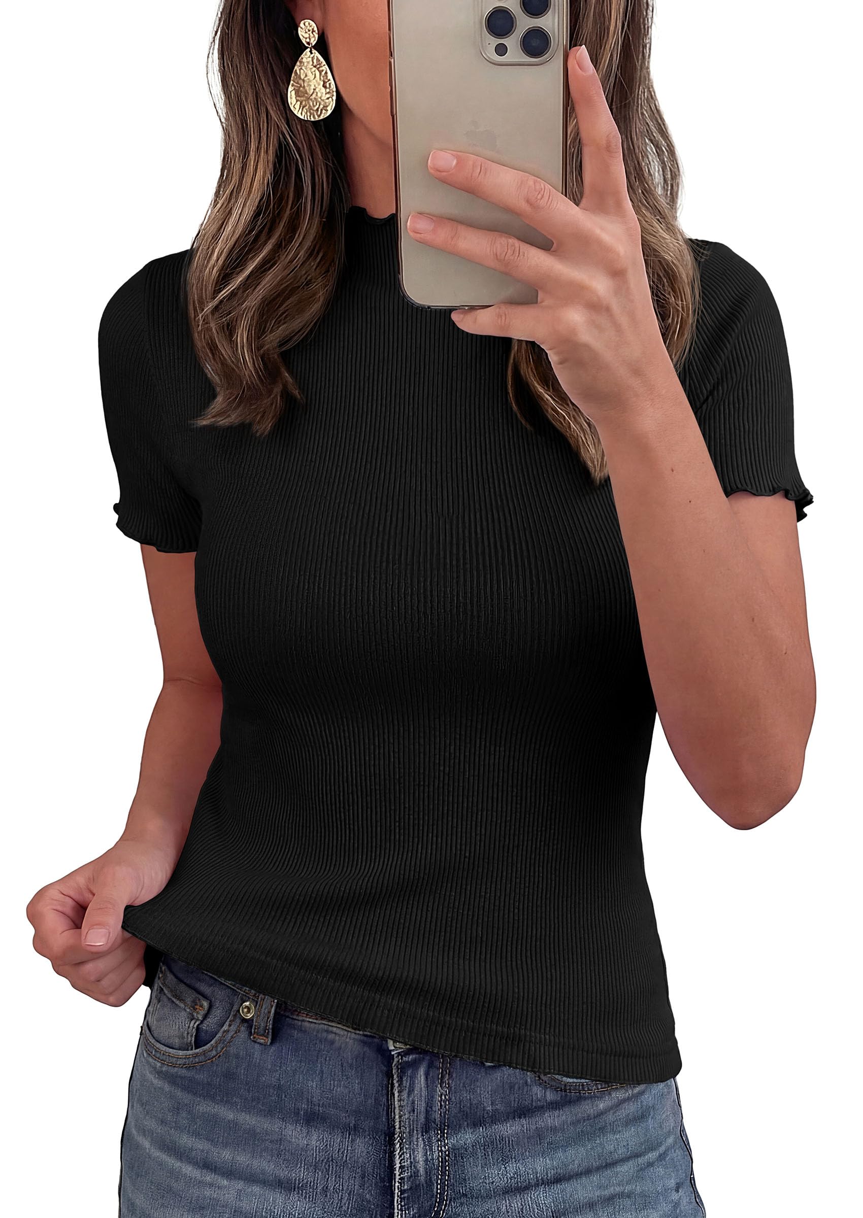 PRETTYGARDEN Short Sleeve T Shirts for Women Summer Clothes  Casual Spring Tops Ruffle Mock Neck Ribbed Fitted Basic Tees