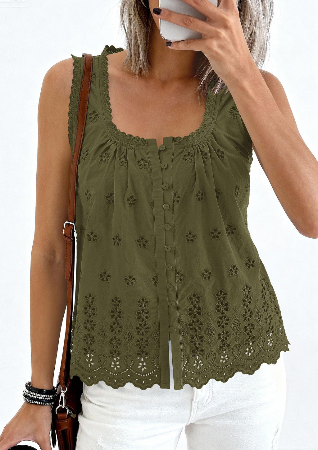 PRETTYGARDEN Womens Tank Tops 2026 Summer Button Down Shirts Embroidered Eyelet Dressy Casual Blouses Beach Vacation Clothes