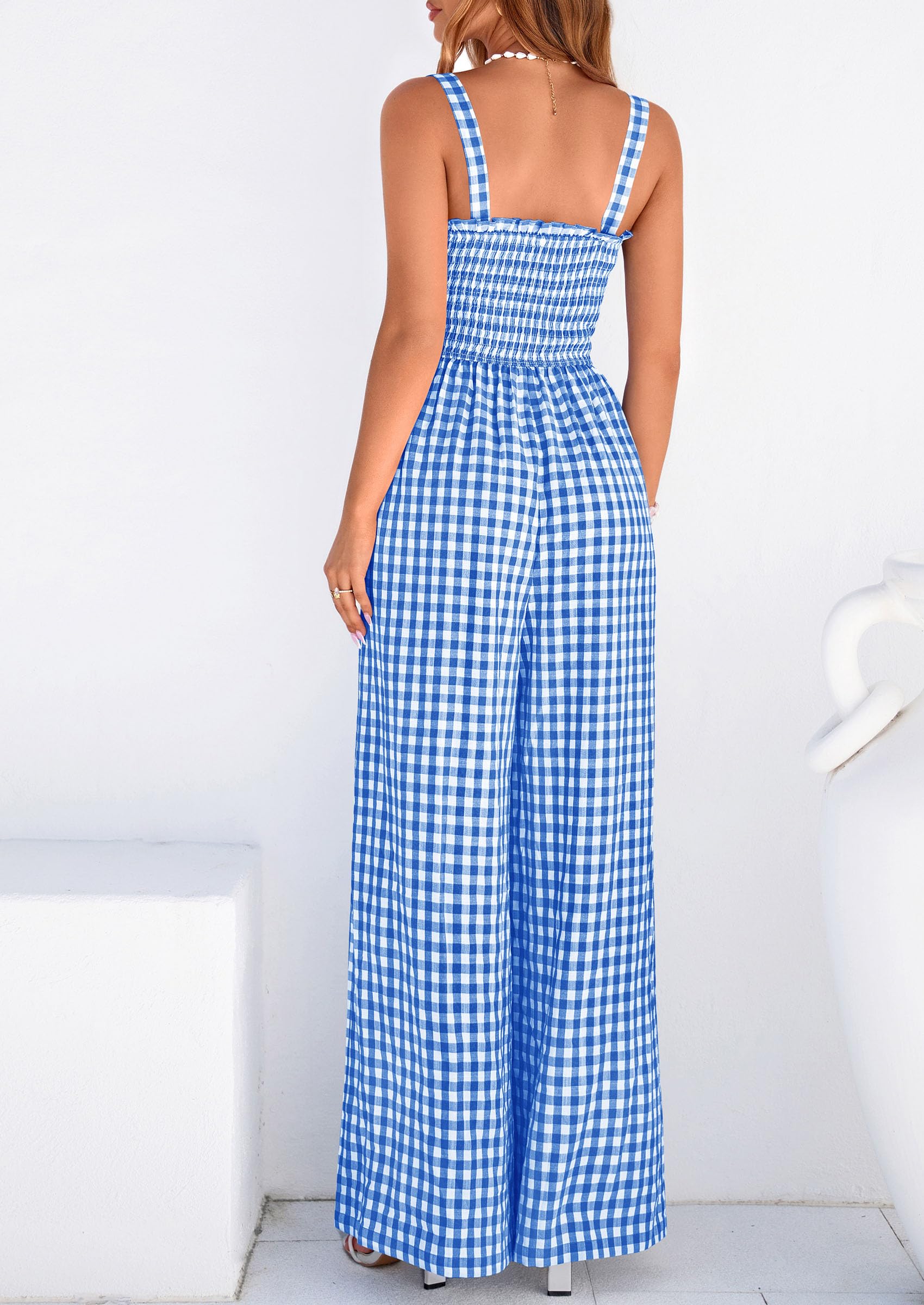 PRETTYGARDEN One Piece Jumpsuits for Women Casual Summer Cruise Outfits  Spring Fashion Smocked Wide Leg Gingham Rompers