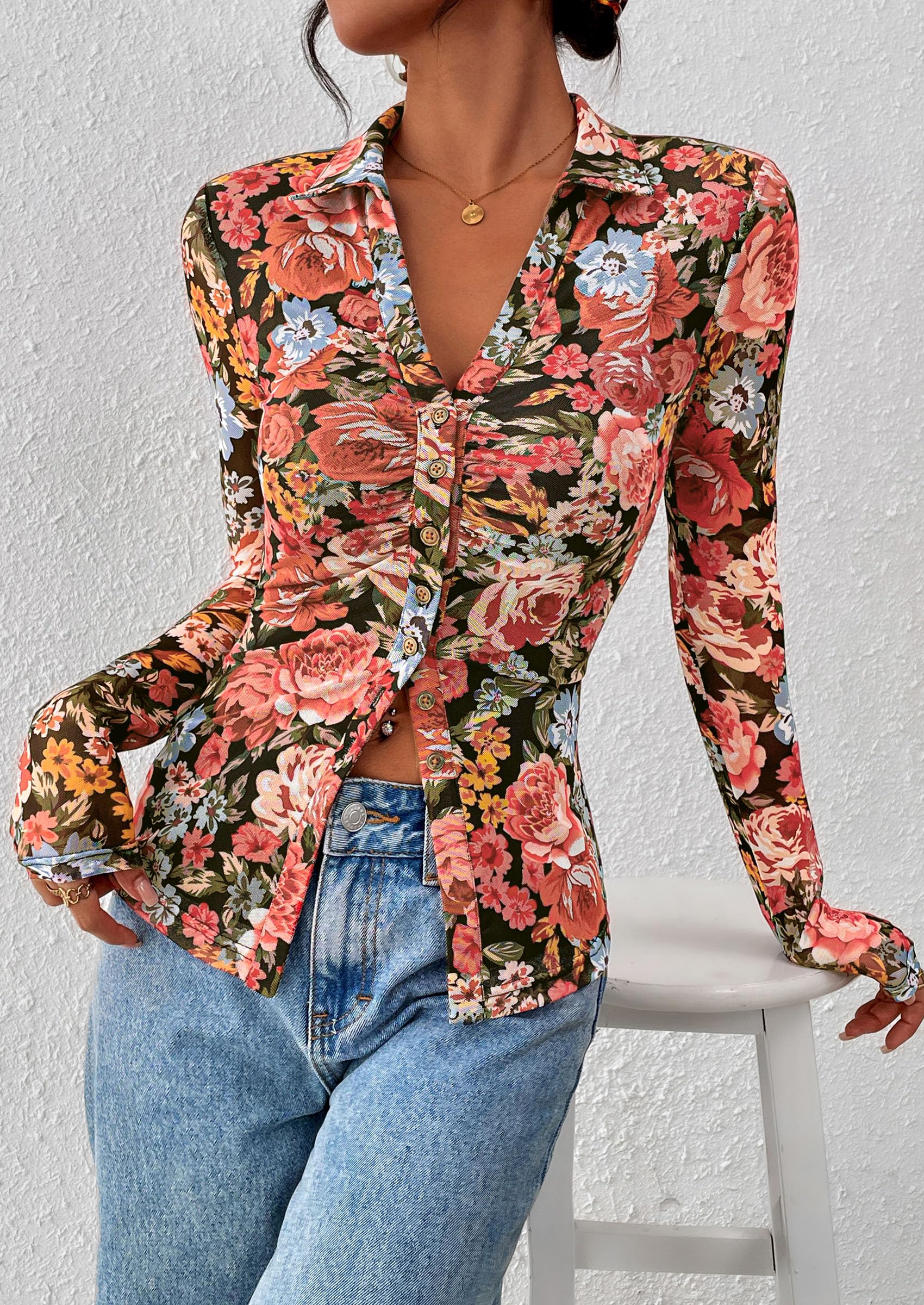 PRETTYGARDEN Women Button Down Floral Shirts Fall Trendy Long Sleeve V Neck Mesh Boho Blouse Spring Tops Date Outfits