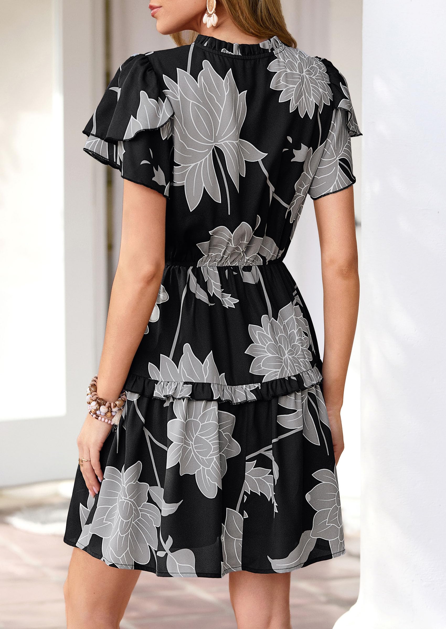 PRETTYGARDEN Womens Summer Floral Mini Dress  Trendy Ruffle Short Sleeve V Neck Flowy A Line Short Beach Dresses