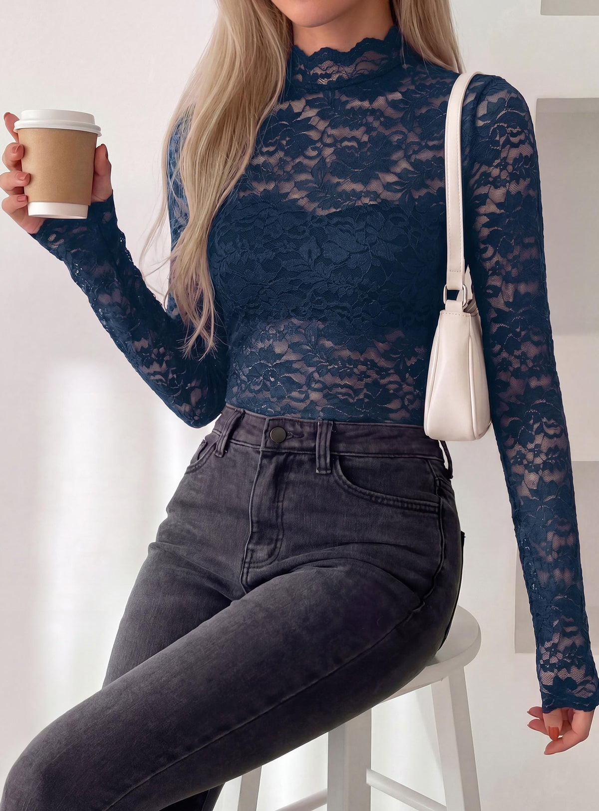 PRETTYGARDEN Womens Lace Long Sleeve Tops Sheer Mesh Blouse | Mock Neck Floral See Through, Slim Fitted, Soft Stretchy Elegant, Going Out Concert, Club Party Outfits, Fall Fashion Clothes