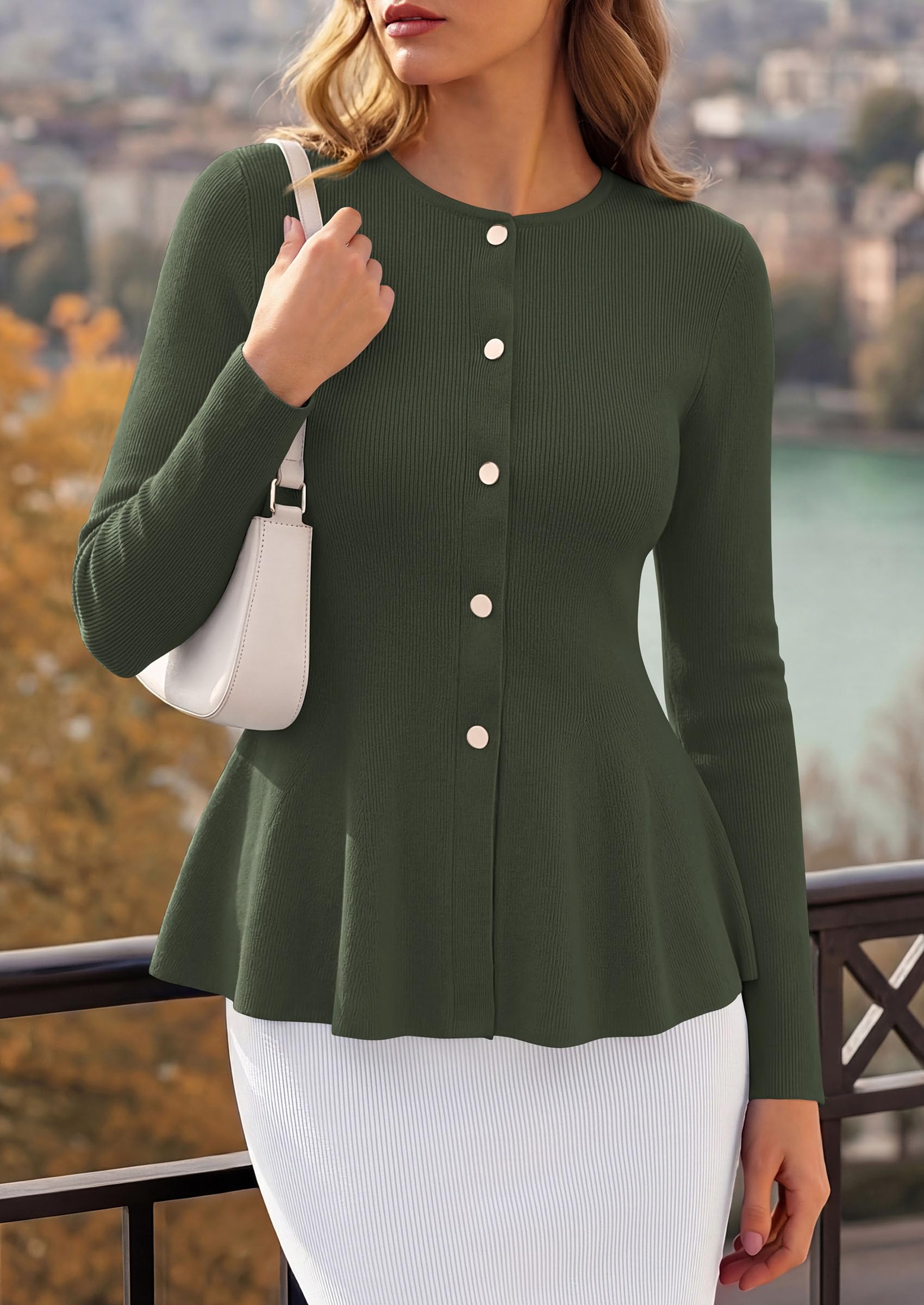 PRETTYGARDEN Women's Fall Lightweight Cardigan Sweaters | Long Sleeve Peplum Tops, Button Up, Slim Fitted, Flared Hem, Soft Ribbed Knit, Business Casual Outfits, Winter Trendy Clothes