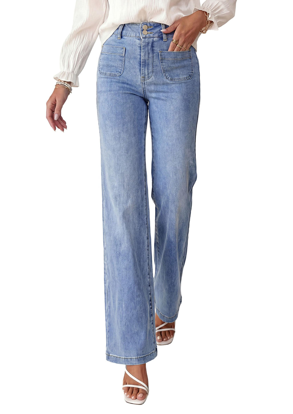 PRETTYGARDEN Womens Wide Leg Jeans High Waisted Stretchy | High Rise Flare Jeans with Front Patch Pockets, Loose Fit Daily Wear Denim, Trendy Office Work Pants, Business Casual Outfits