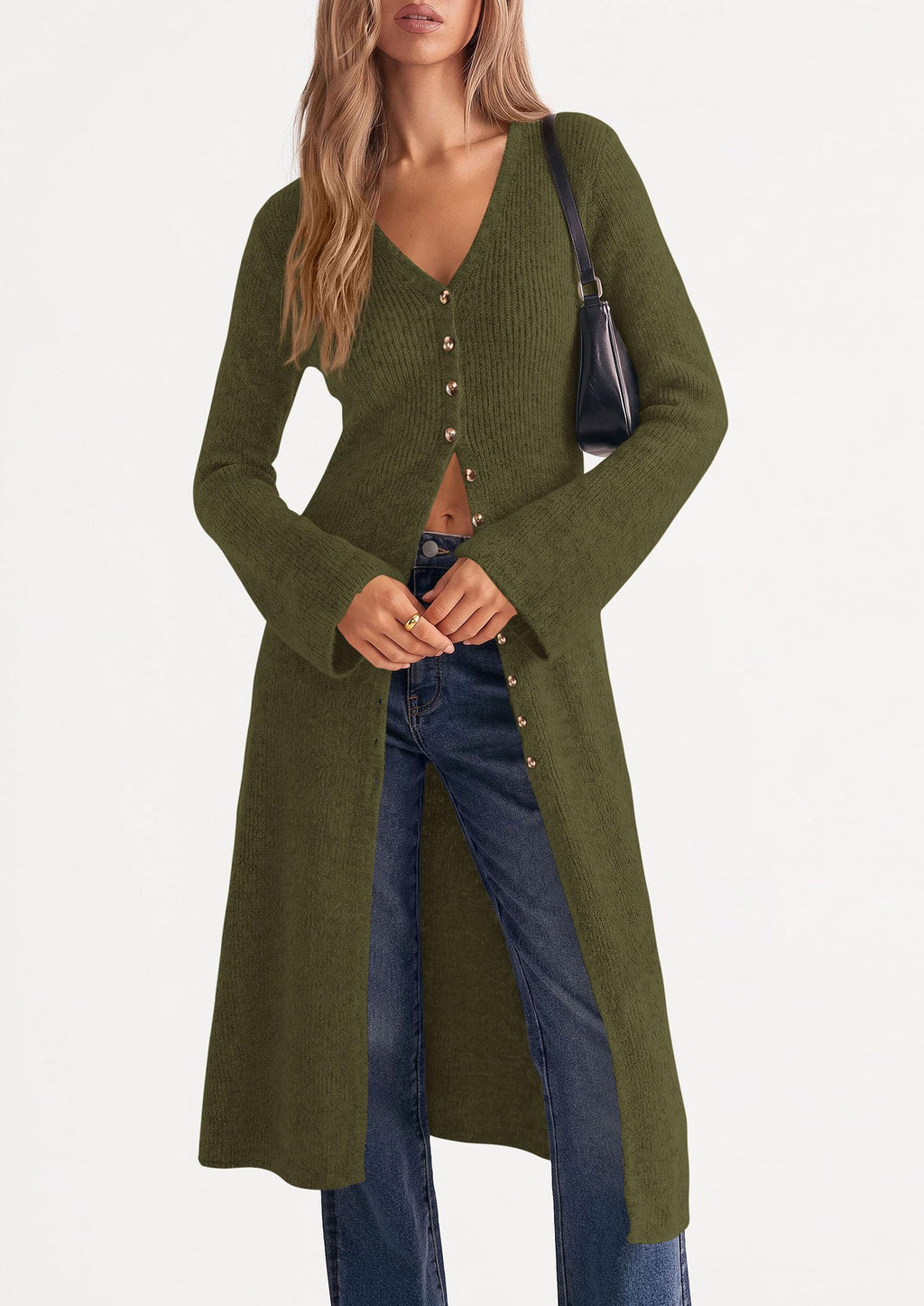 PRETTYGARDEN Women Long Cardigan Bell Sleeve Sweater Dress Early Fall Fashion, V Neck Button Down Coats, Fit and Flare, Duster Sweater, Acrylic Cotton Blend