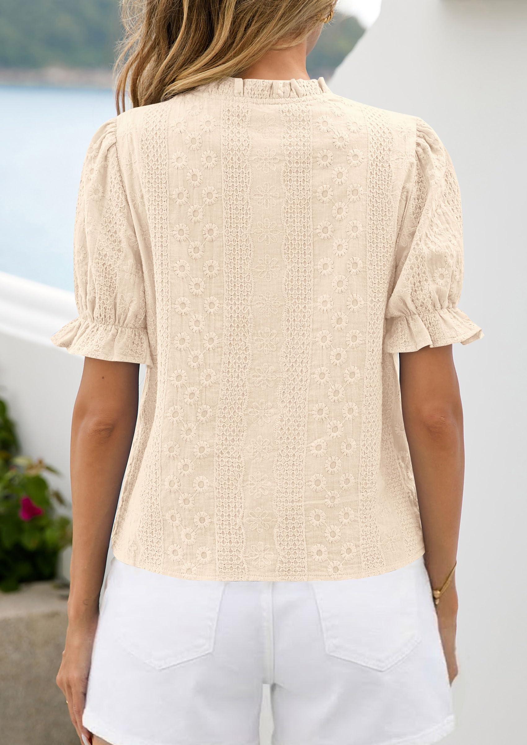 PRETTYGARDEN Womens Puff Short Sleeve Tops  Summer Spring Button Down Boho Embroidered Cute Blouse Dressy Casual Shirts