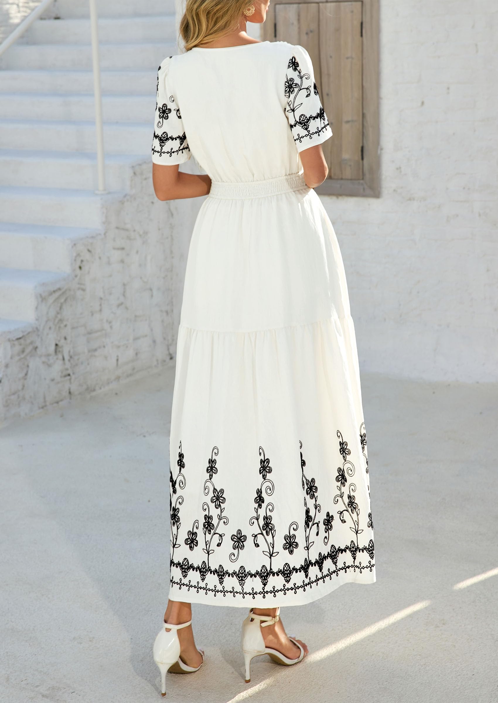PRETTYGARDEN Women's Summer Boho Maxi Dress Spring Floral Short Sleeve V Neck A Line Flowy Beach Wedding Guest Dresses