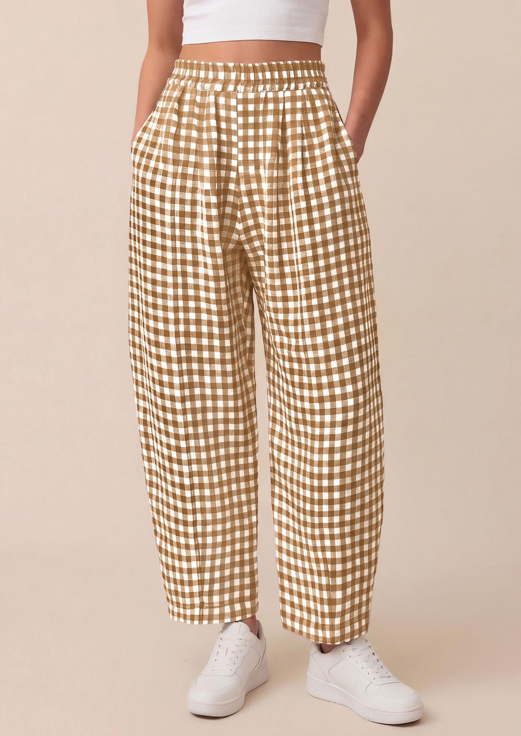 PRETTYGARDEN Plaid Barrel Pants Women Summer Casual Loose Wide Leg Lounge Gingham Trousers Spring Fashion Beach Bottoms