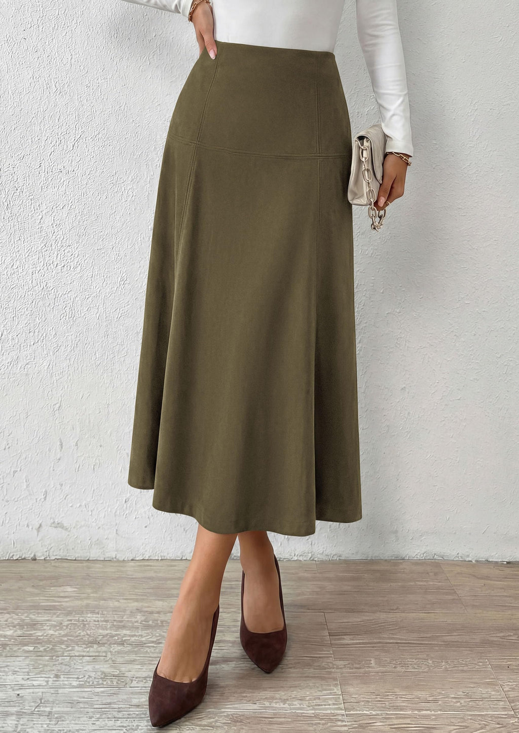 PRETTYGARDEN Womens High Waist Faux Suede A Line Midi Skirt | Hidden Stretch Elastic Waist, Front Back Panel Stitching, Vintage Elegant Mid-Calf Long Skirts for Fall Winter Office Daily