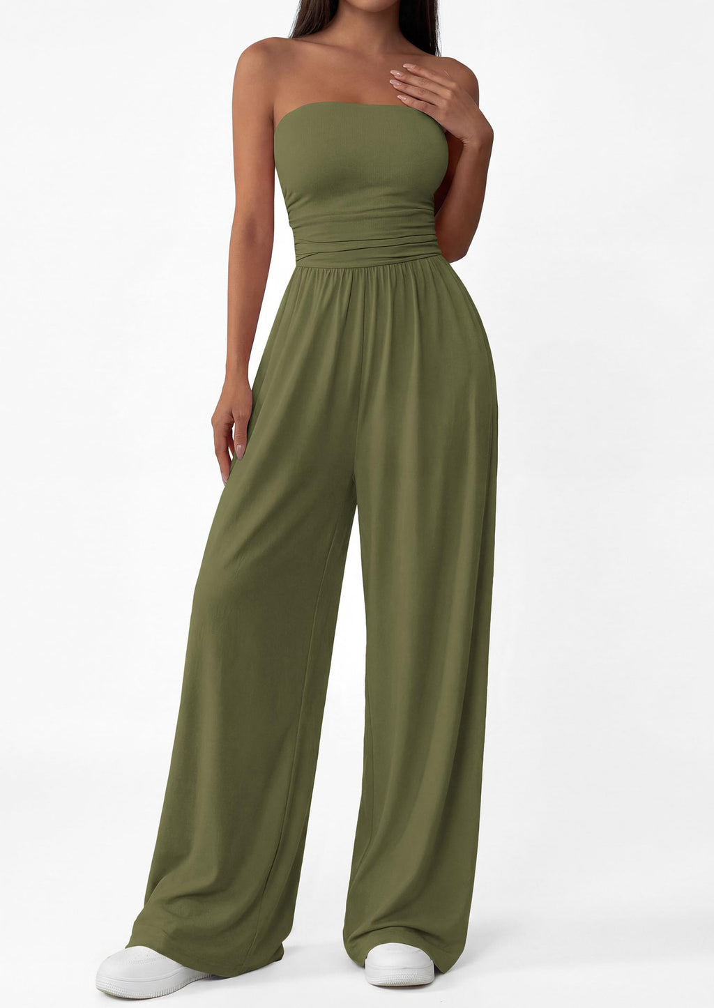 PRETTYGARDEN Womens Trendy Strapless Rompers Ruched Tube Top Wide Leg One Piece Jumpsuits Beach Vacation Summer Outfits