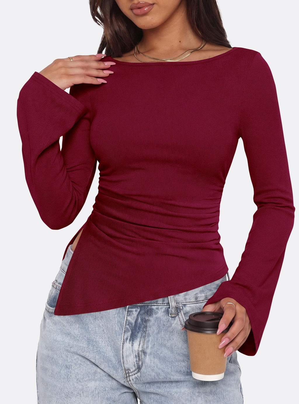 PRETTYGARDEN Women's Bell Long Sleeve Shirts Fall Boat Neck Ruched Asymmetrical Going Out Tops Ribbed Y2K Clothes