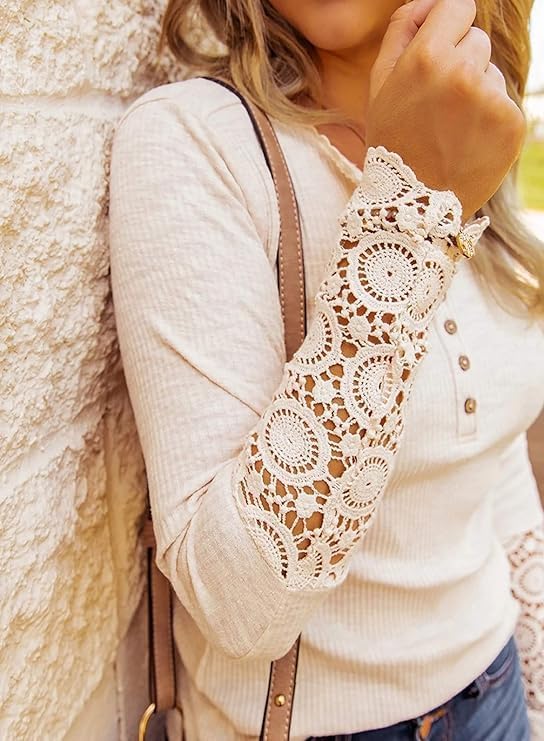 FreshPretty Women Long Sleeve Shirts Spring Solid Button Up V Neck Lace Long Sleeves Slim Fit Knit Casual Fall T-Shirts