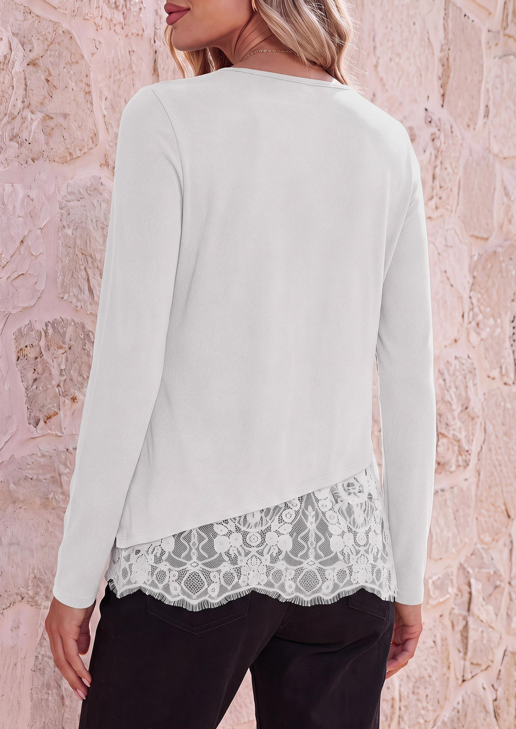 PRETTYGARDEN Women's Lace Patchwork Long Sleeve Shirts | Soft Casual Tops,Irregular Asymmetrical Hem,Crew Neck Thermal Blouses,Loose Fit Layer Tee,Fashion Fall Winter Daily Wear