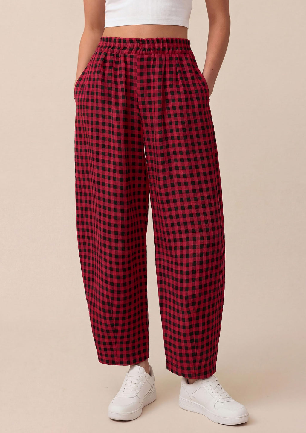 PRETTYGARDEN Plaid Barrel Pants Women Summer Casual Loose Wide Leg Lounge Gingham Trousers Spring Fashion Beach Bottoms