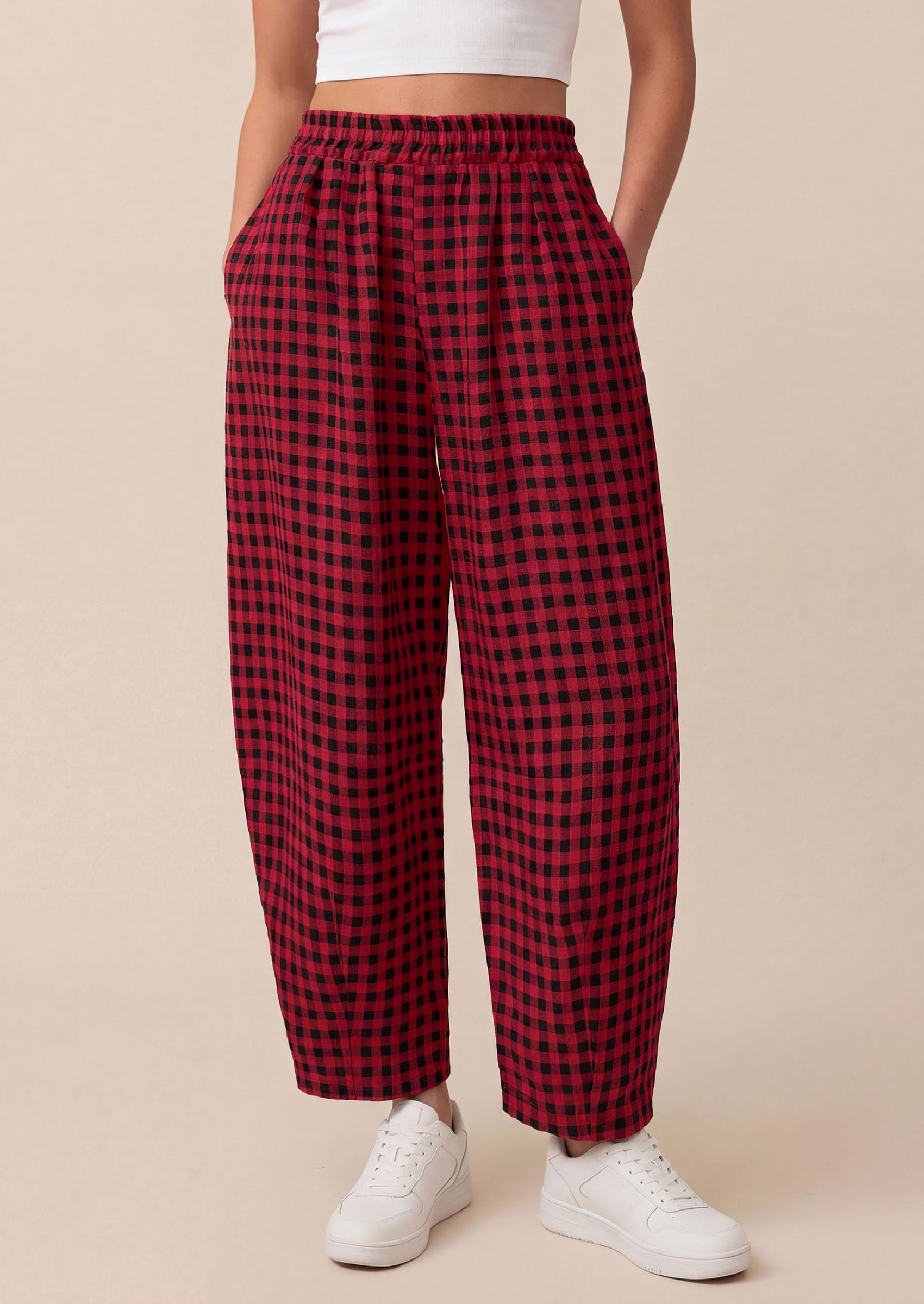PRETTYGARDEN Plaid Barrel Pants Women Summer Casual Loose Wide Leg Lounge Gingham Trousers Spring Fashion Beach Bottoms