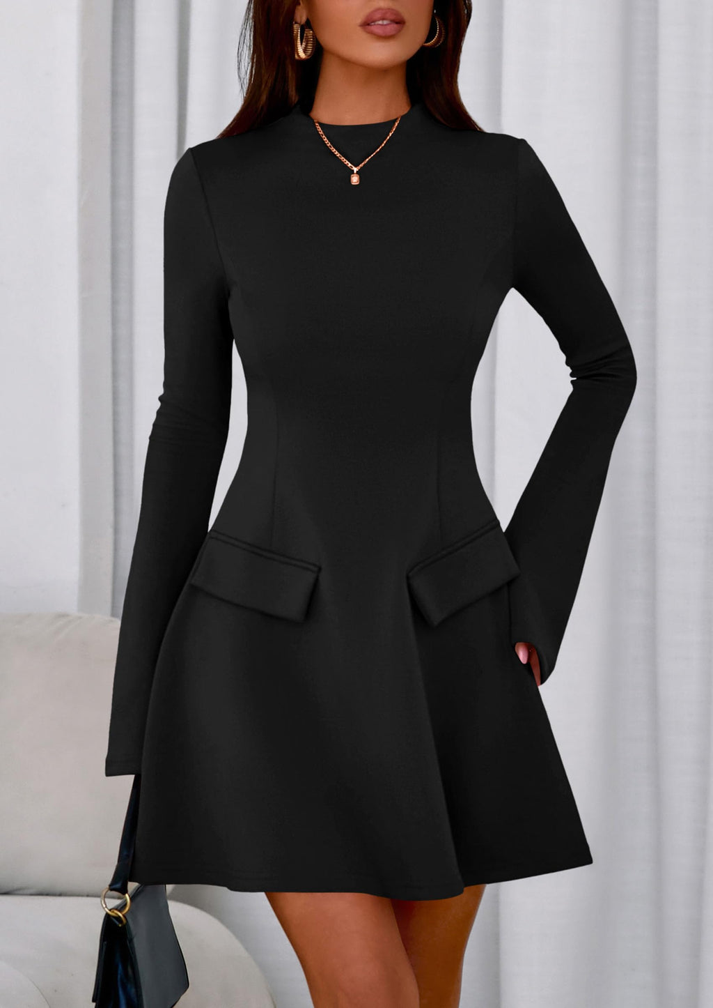 PRETTYGARDEN Women's Elegant Holiday Short Dress  Fall Bell Long Sleeve Mock Neck Work Business Casual Party Mini Dress