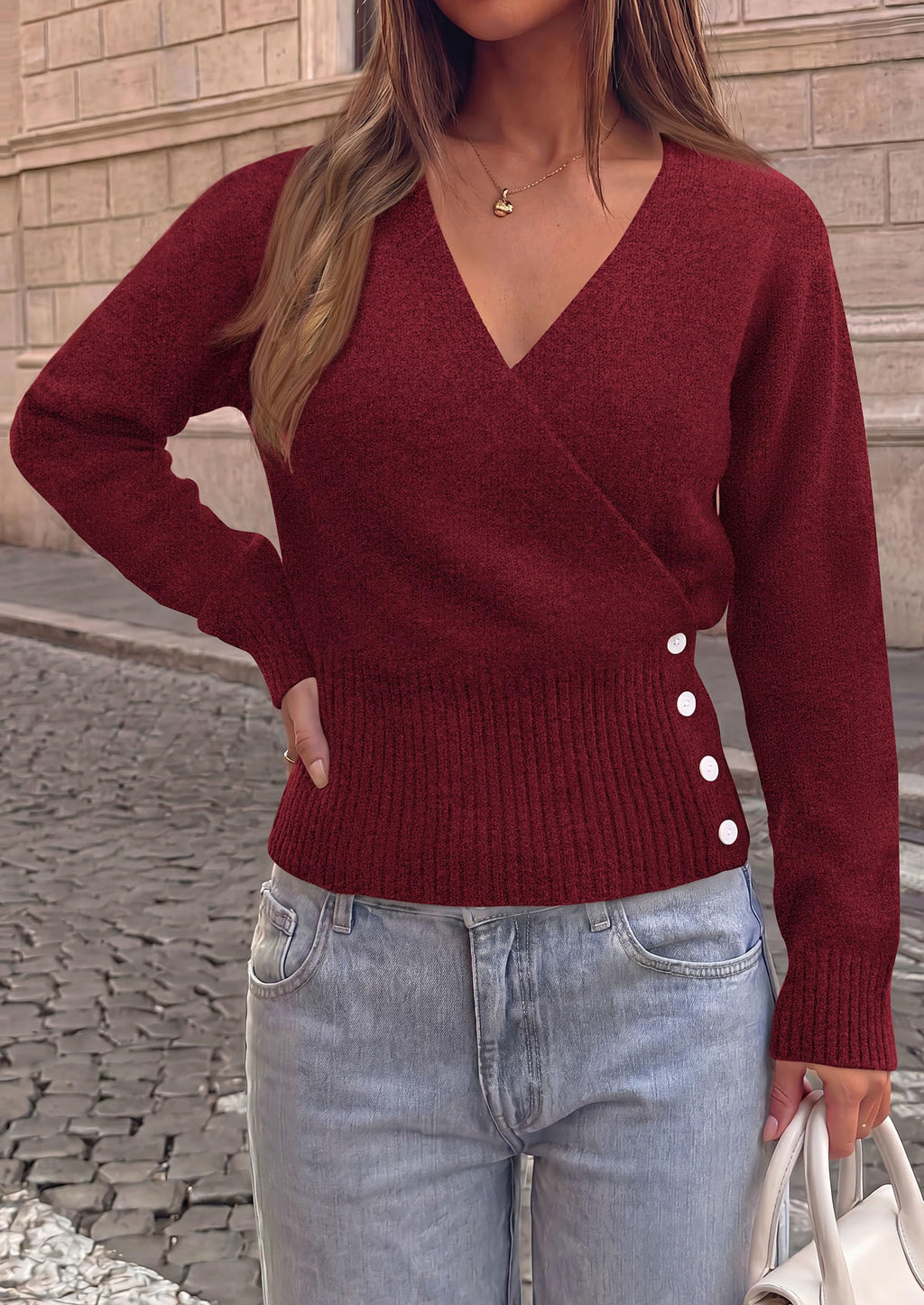 PRETTYGARDEN Women V Neck Wrap Sweater Cropped Tops，Fall Winter Fashion , Business Casual Outfits, Stretchy Soft knit, Wide Ribbed Hem with Side Buttons Pullover Sweaters