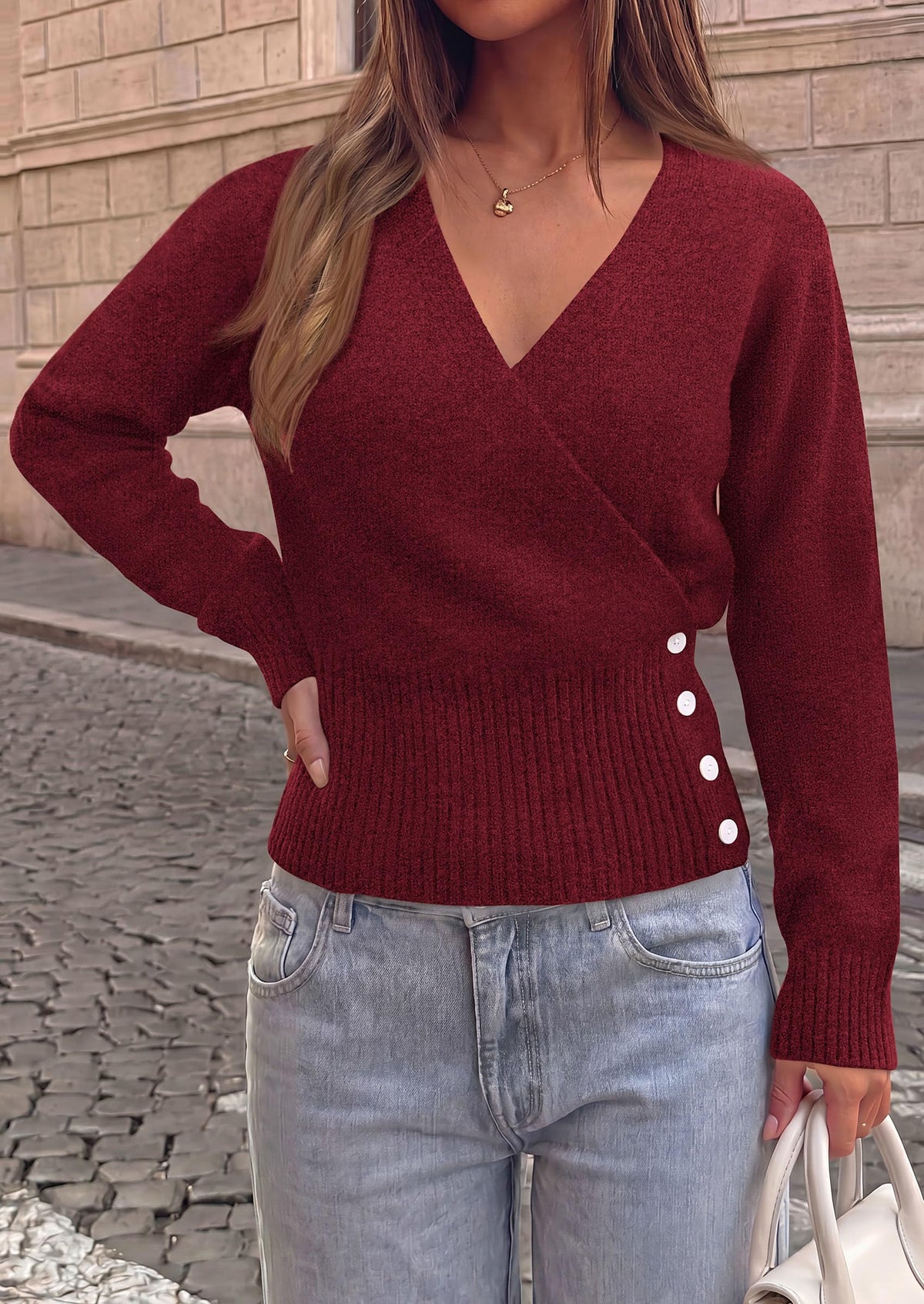 PRETTYGARDEN Women V Neck Wrap Sweater Cropped Tops，Fall Winter Fashion , Business Casual Outfits, Stretchy Soft knit, Wide Ribbed Hem with Side Buttons Pullover Sweaters