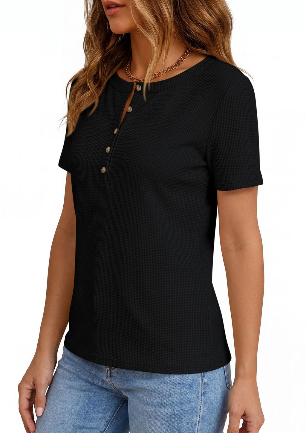 PRETTYGARDEN Waffle Knit Tops for Women Short Sleeve Henley Shirts  Summer Blouses Dressy Casual Spring Fashion Clothes