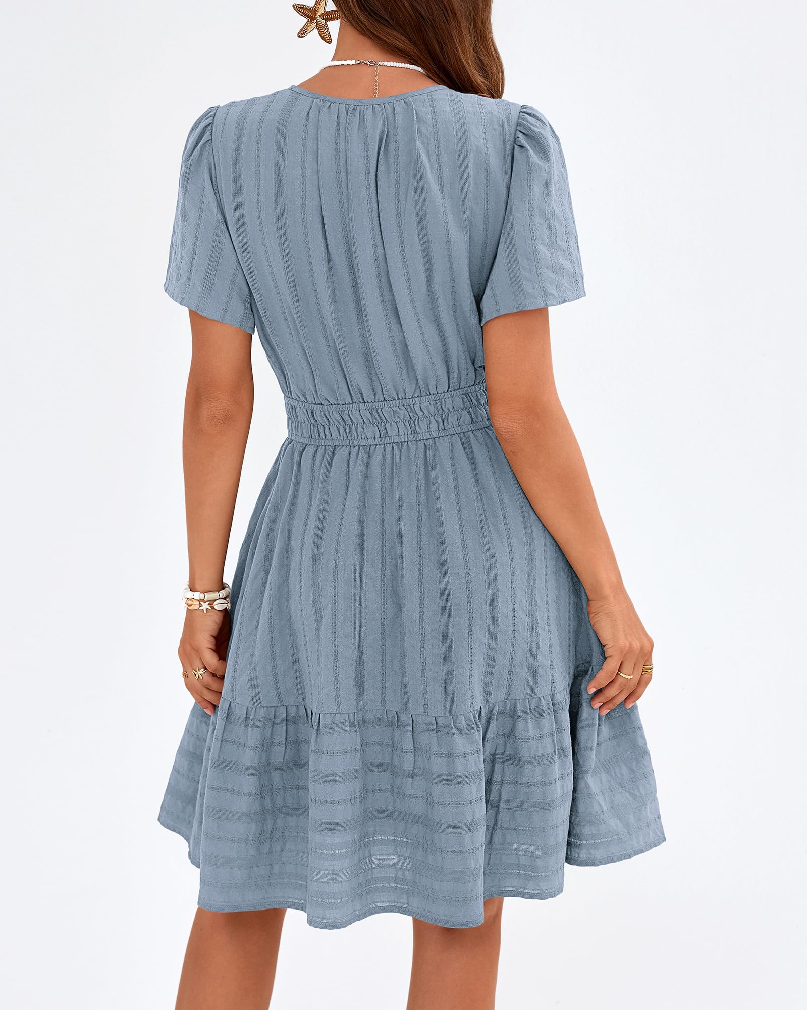 BTFBM Womens Spring  Casual Mini Dresses Lightweight Short Sleeve V Neck Elastic Waist Cute Boho Beach Dress Pockets