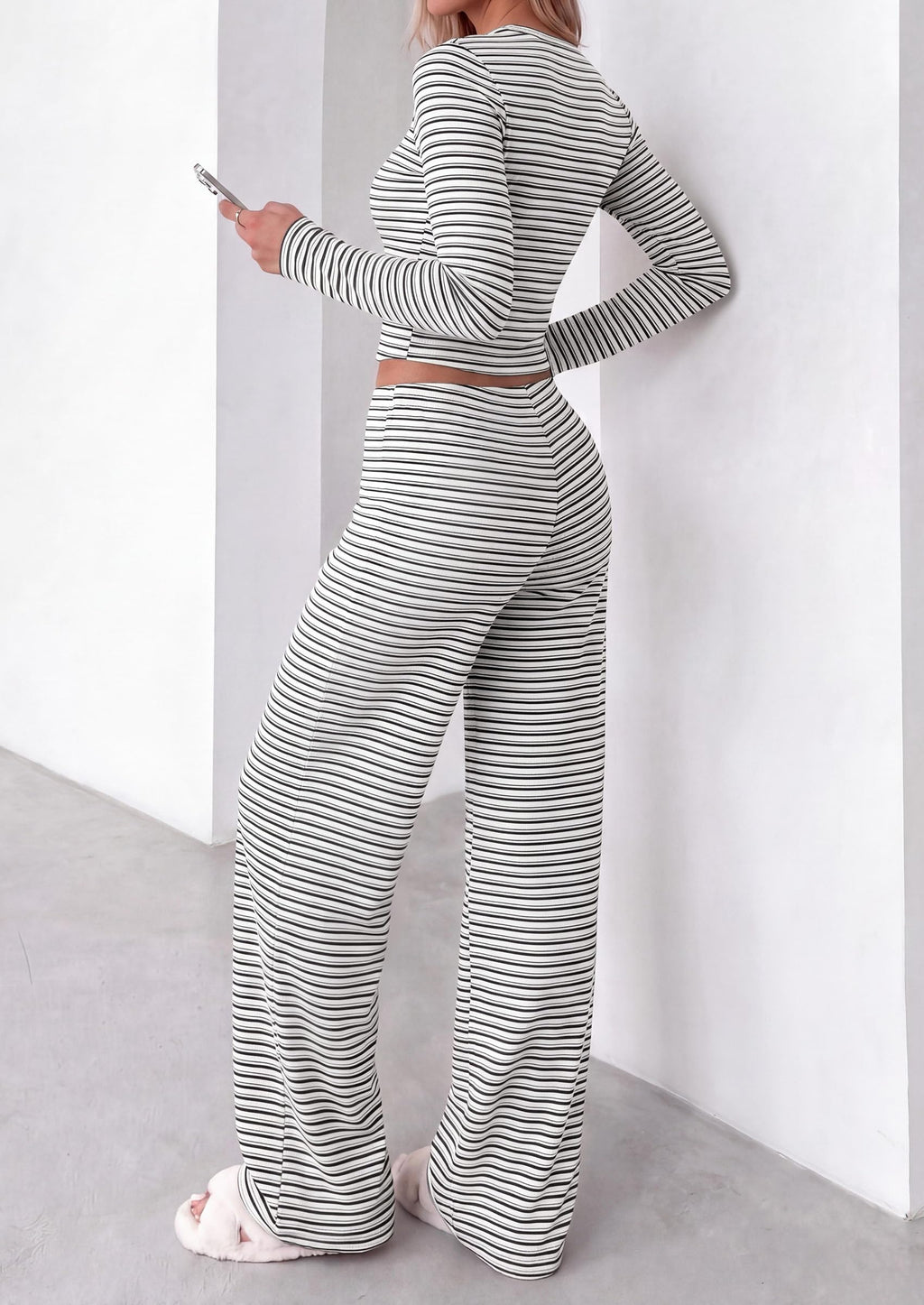 PRETTYGARDEN Women 2 Piece Striped Lounge Sets Soft Cozy Knit, Matching Airport Travel Outfits, Long Sleeve Shirts, Wide Leg Pants Pockets, Fall Winter Comfy Casual Clothes