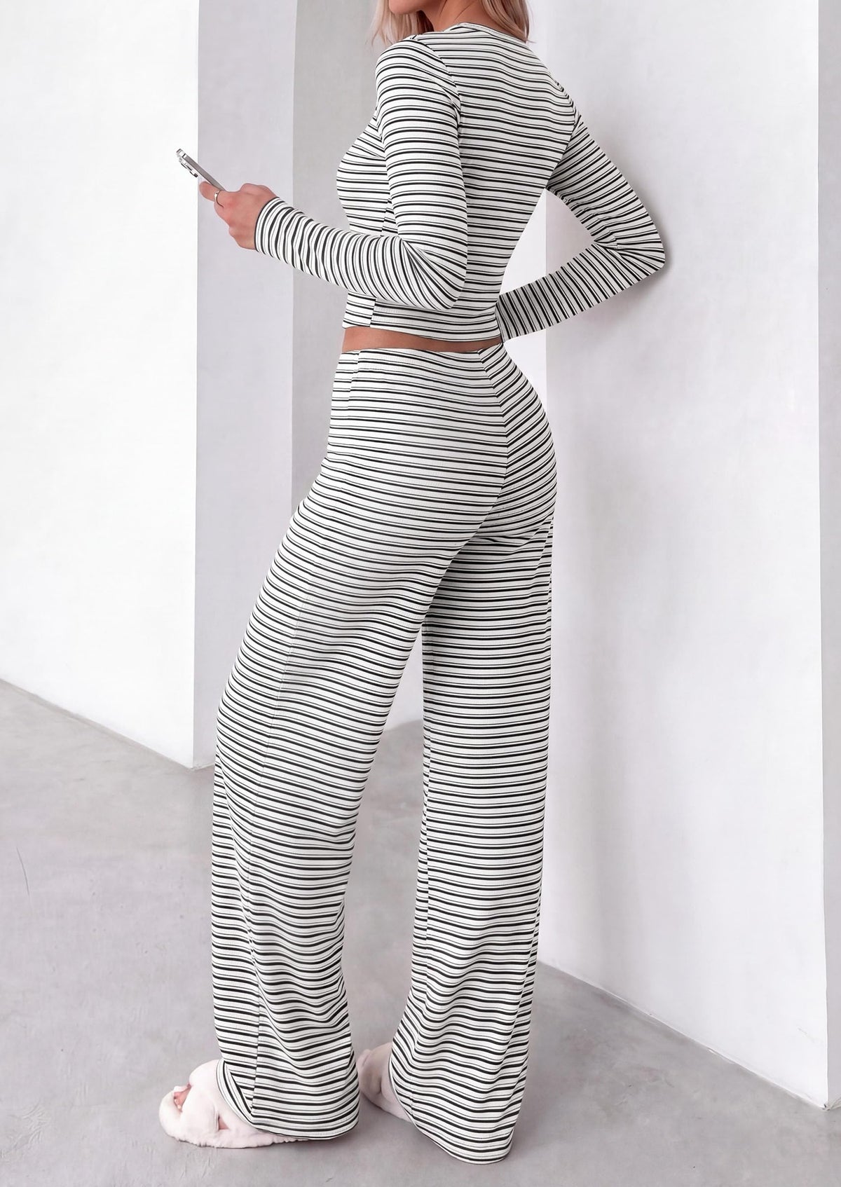 PRETTYGARDEN Women 2 Piece Striped Lounge Sets Soft Cozy Knit, Matching Airport Travel Outfits, Long Sleeve Shirts, Wide Leg Pants Pockets, Fall Winter Comfy Casual Clothes