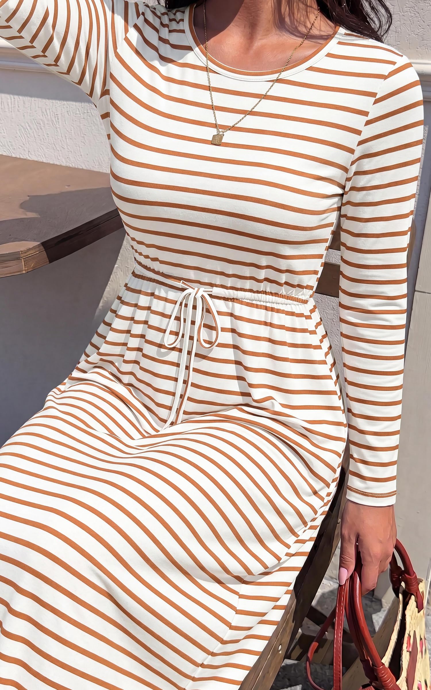 FreshPretty Long Sleeve Maxi Dresses for Women Fall Casual Loose Striped Dress|Cotton T Shirt Dress, Loose Fit Dress with Pocket, Business Casual Work Teacher, Fall Outfits