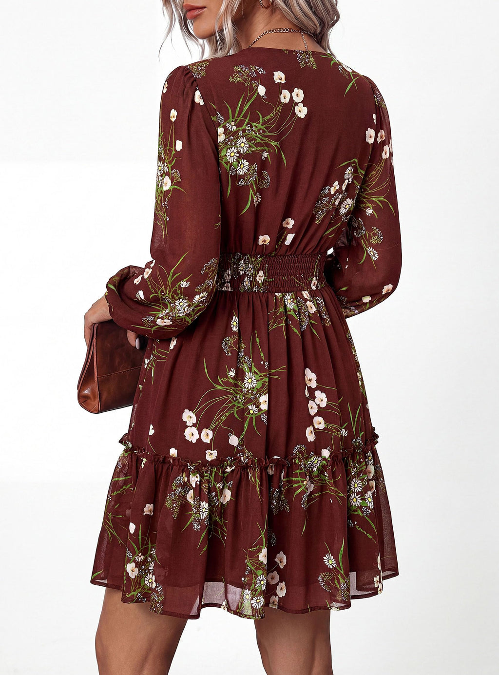 PRETTYGARDEN Women Floral Long Sleeve Mini Dress | Fall Wedding Guest Dresses, V Neck, Fit & Flare, Ruffle Hem A-Line, Short Chiffon Dress, Elegant Holiday Party, Date Outfits