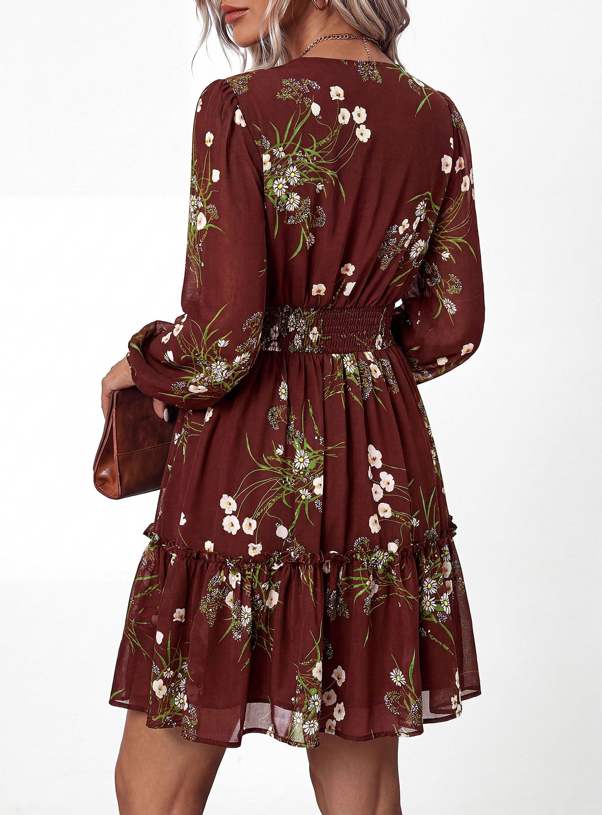 PRETTYGARDEN Women Floral Long Sleeve Mini Dress | Fall Wedding Guest Dresses, V Neck, Fit & Flare, Ruffle Hem A-Line, Short Chiffon Dress, Elegant Holiday Party, Date Outfits