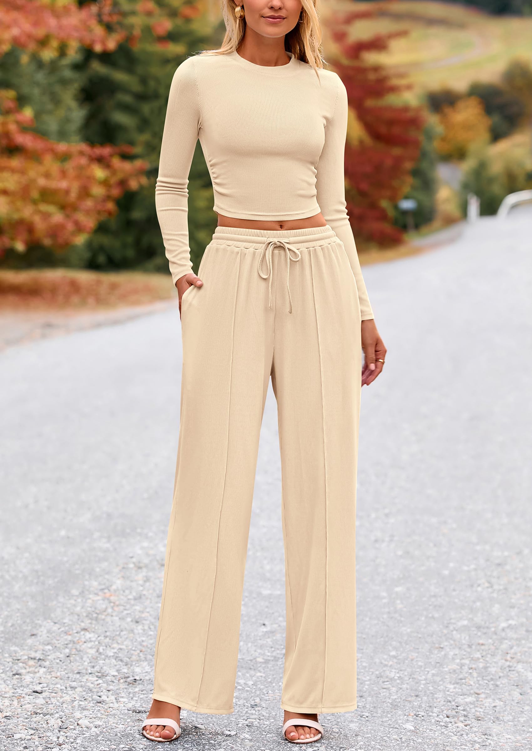 PRETTYGARDEN Women's 2 Piece Loungewear Long Sleeve Crop Top Wide Leg Palazzo Pants Set Tracksuits Casual Outfit