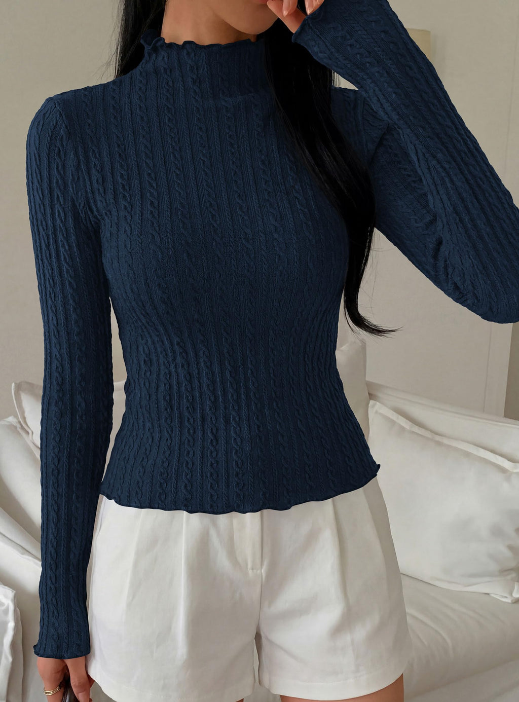PRETTYGARDEN Women's Fall Long Sleeve Fitted Shirts | Comfy Stretchy Cable Knit, Trendy Lettuce Trim Mock Neck, Casual Basic Tees, Cute Layering Tops, 2026 Fashion Clothing