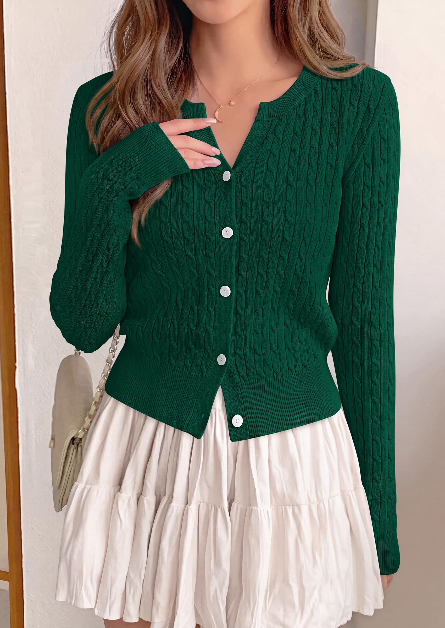 FreshPretty Women's Cable Knit Cropped Cardigan Sweater V Neck Button Down | Soft Lightweight Cable Knit, Long Sleeve, V Neck Button Front, Cropped Ribbed Trim, Business Casual Fall Winter Layering