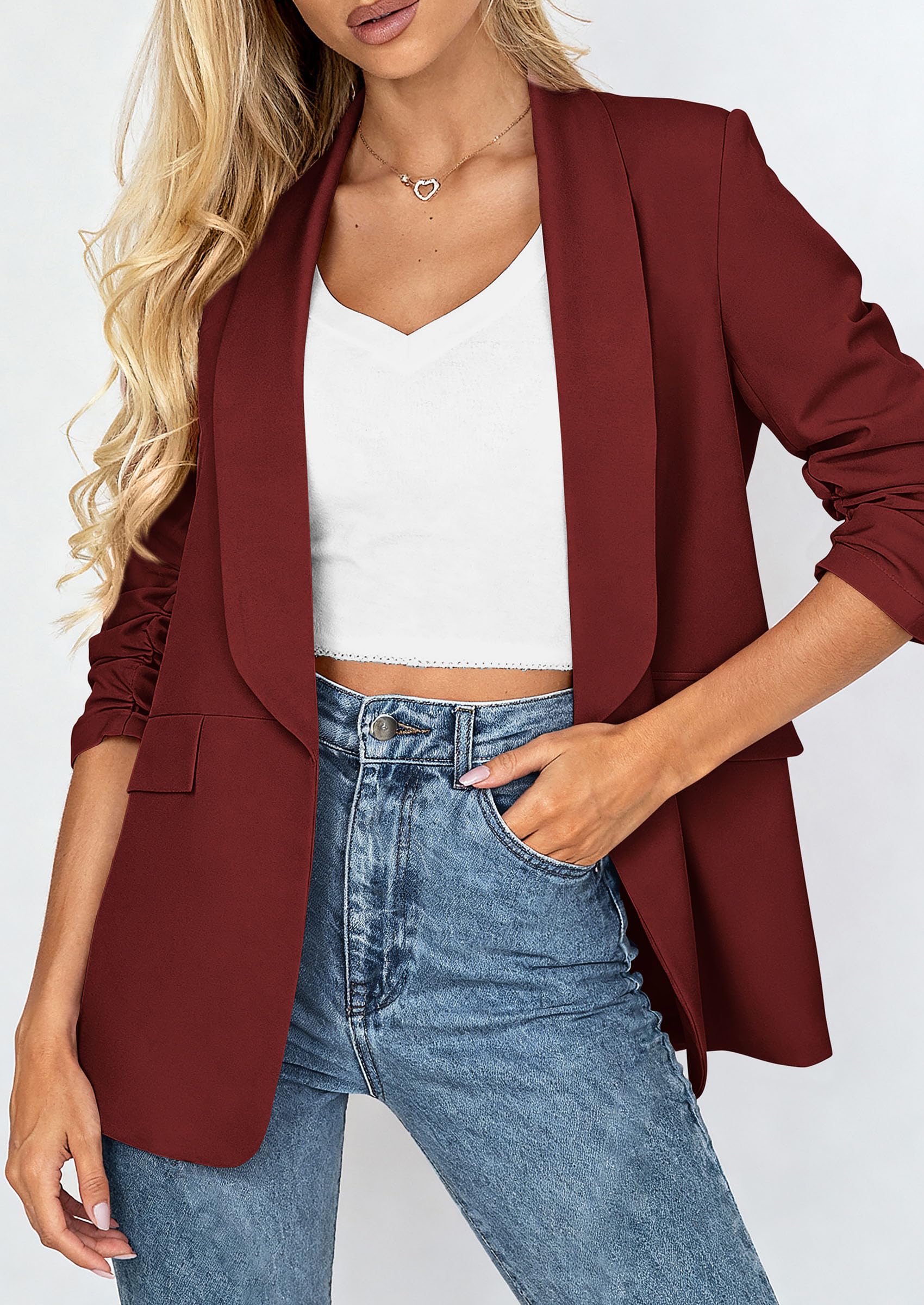PRETTYGARDEN Women's Summer Blazers Business Casual Outfits | Ruched 3/4 Sleeve,Shawl Lapel,Collared Open Front,Padded Shoulder,Lightweight Jackets,Office Work Suits,Spring Fall Clothes