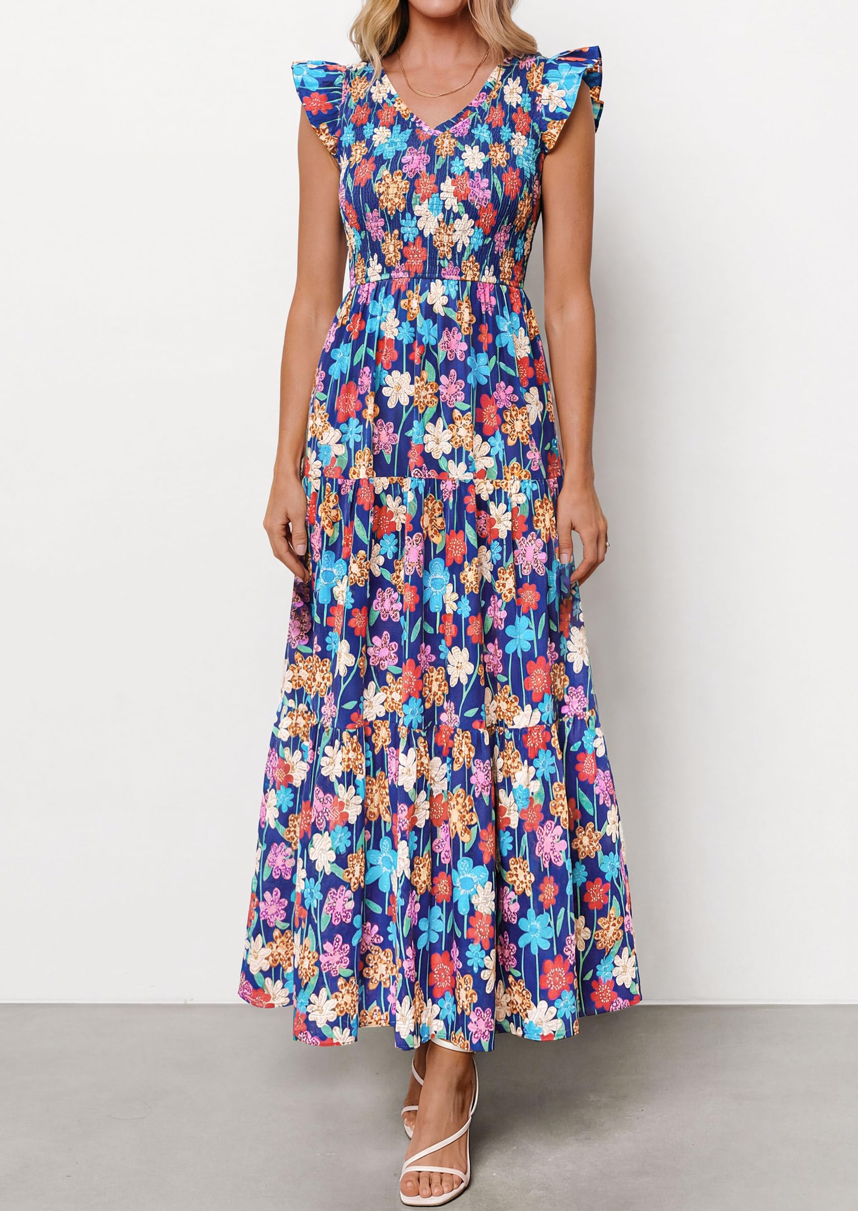 PRETTYGARDEN Women's Boho Floral Maxi Dress Summer Smocked V Neck Ruffle Sleeve Spring Flowy Beach Vacation Sundresses