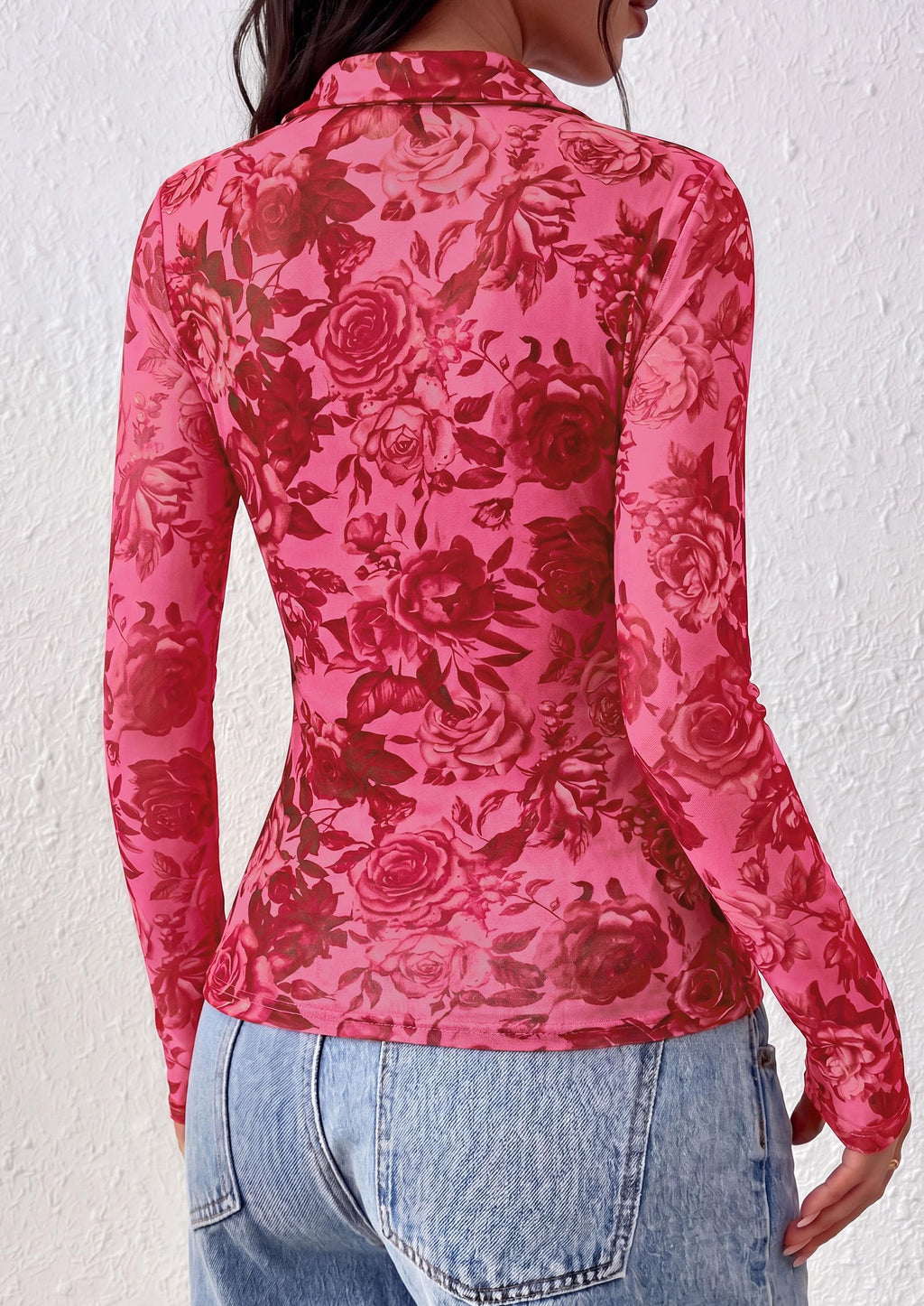 PRETTYGARDEN Women's Long Sleeve Boho Floral Mesh Tops Fall V Neck Blouses,Fitted Polo Shirts, Collared, Double Lined, Dressy Casual, Going Out Date Night Outfits, Spring Lightweight Travel Clothes